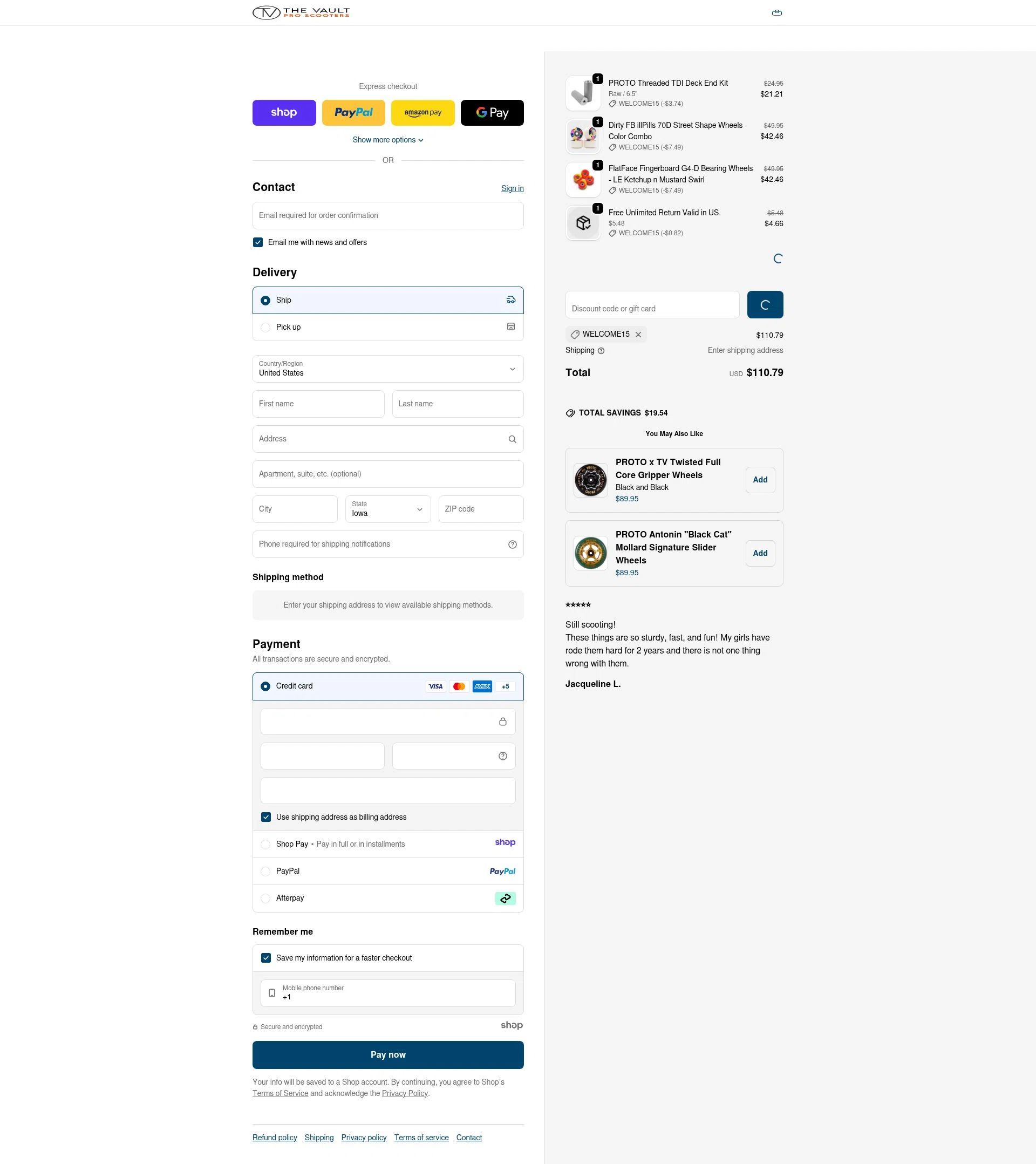 The Vault Pro Scooters checkout page showing The Vault Pro Scooters discount code box | Screenshot taken by SimplyCodes community member on Jan 3, 2026