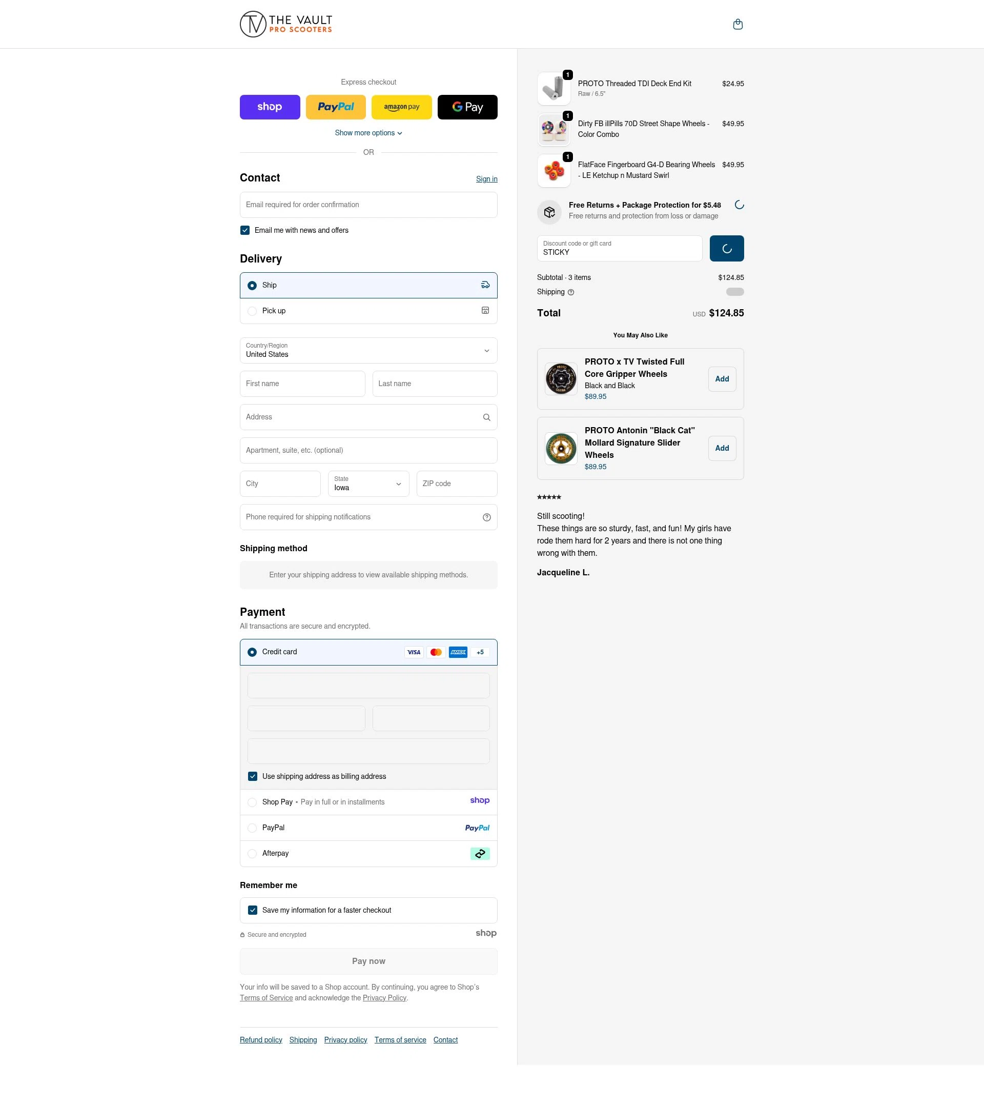 The Vault Pro Scooters checkout page showing The Vault Pro Scooters discount code box | Screenshot taken by SimplyCodes community member on Jan 3, 2026
