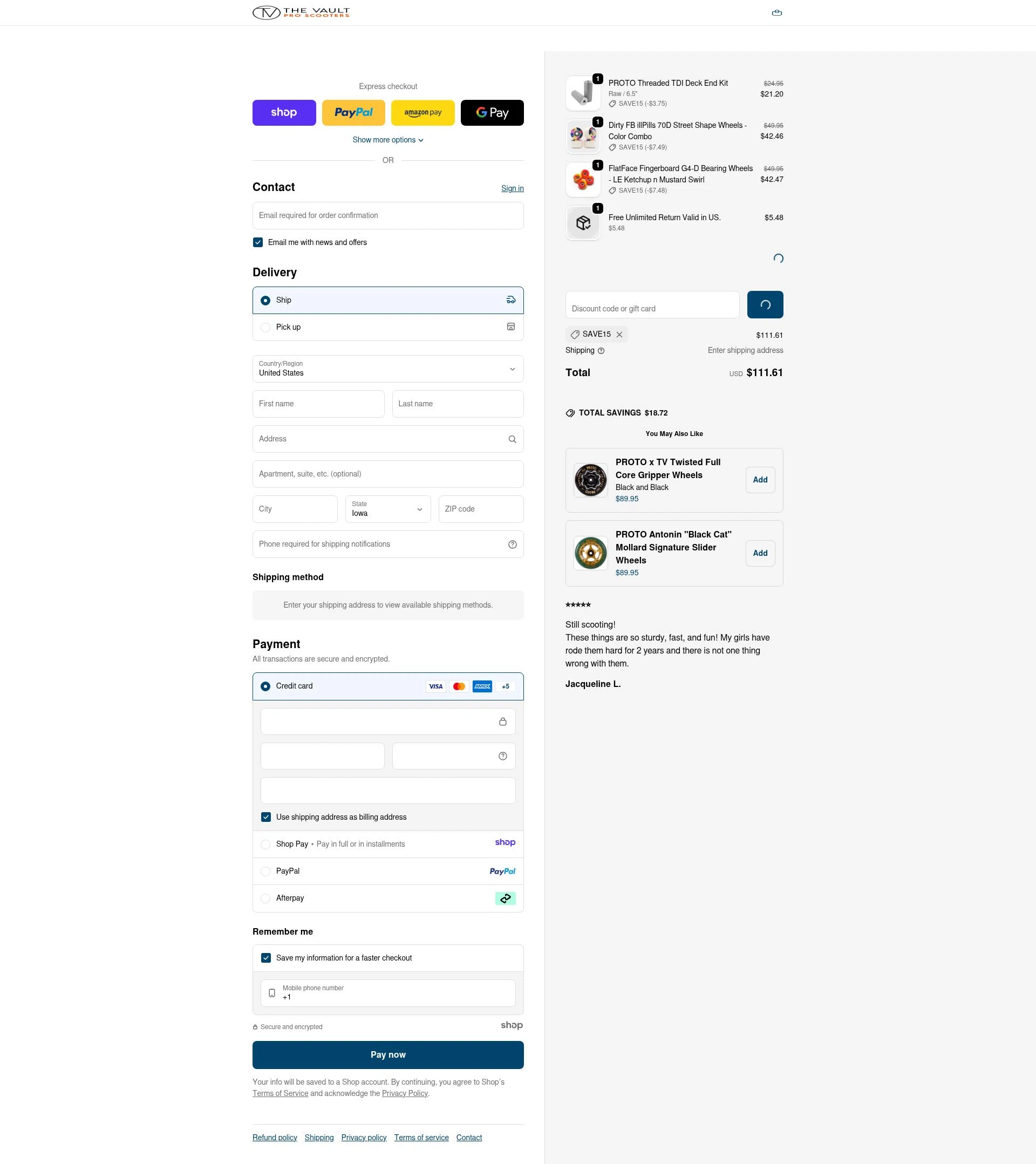 The Vault Pro Scooters checkout page showing The Vault Pro Scooters discount code box | Screenshot taken by SimplyCodes community member on Jan 3, 2026