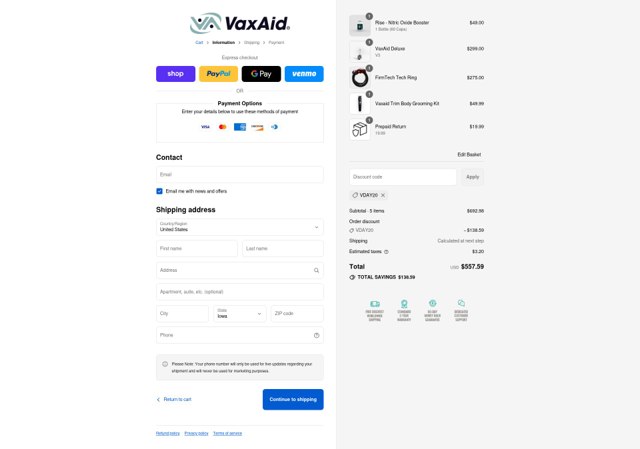 VaxAid checkout page showing VaxAid discount code box | Screenshot taken by SimplyCodes community member on Sep 3, 2025