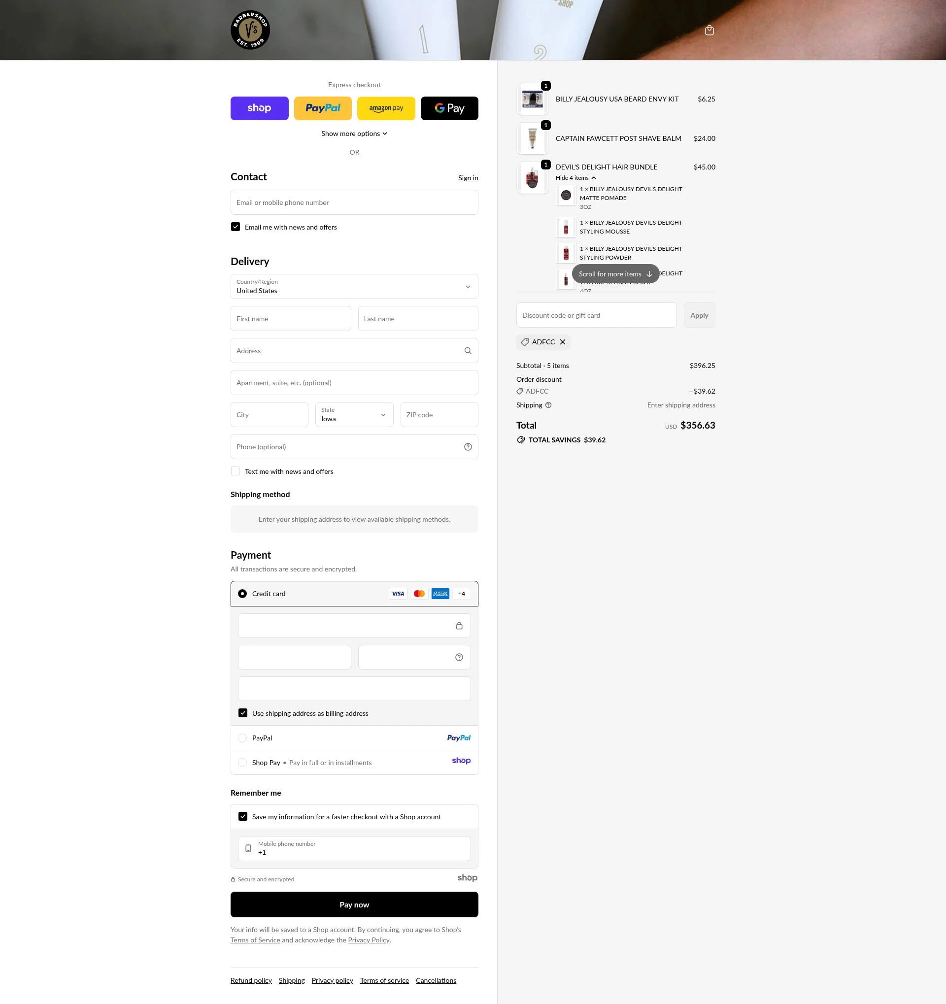 V's Barbershop checkout page showing V's Barbershop promo code box | Screenshot taken by SimplyCodes community member on Oct 31, 2025