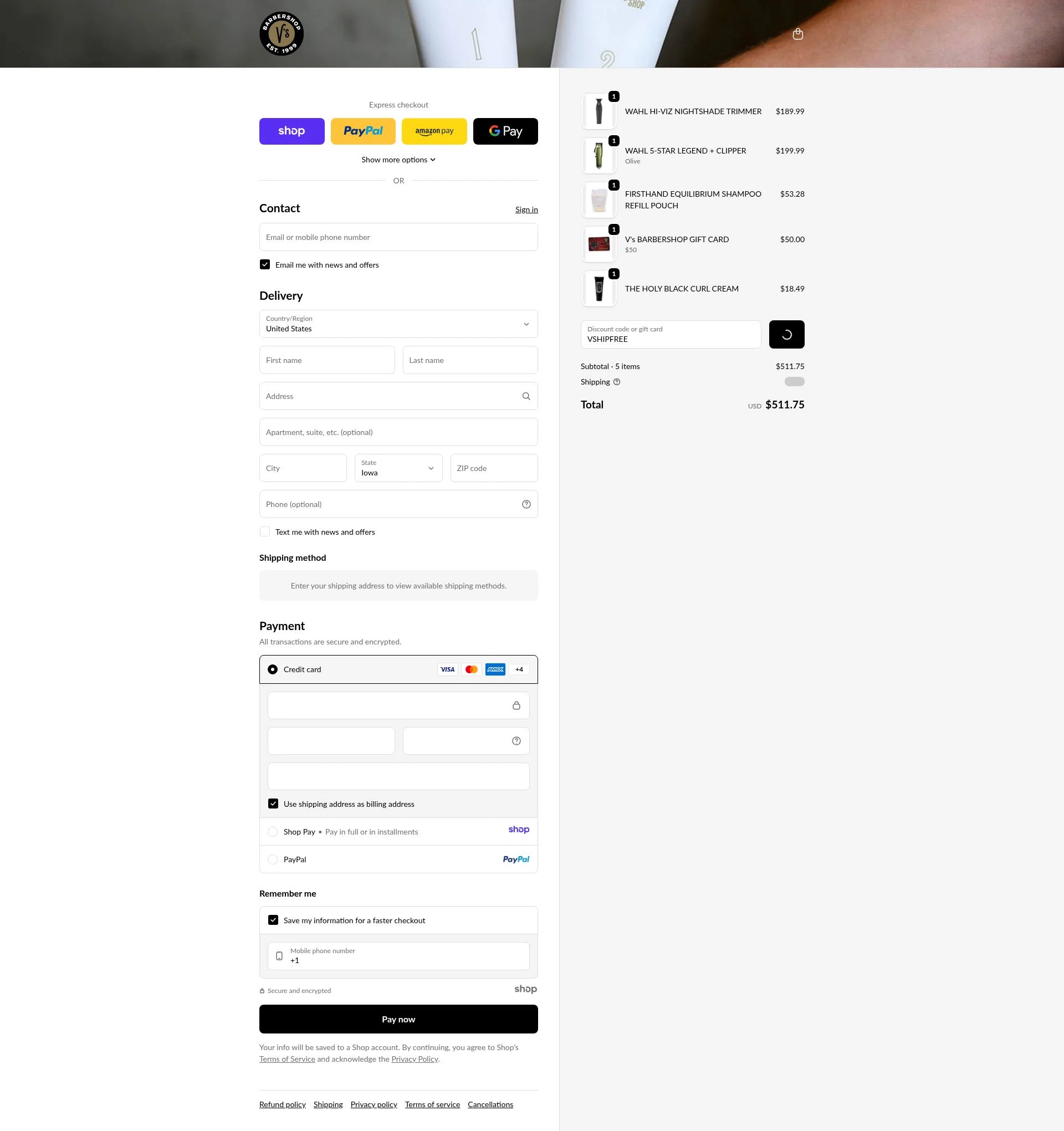 V's Barbershop checkout page showing V's Barbershop promo code box | Screenshot taken by SimplyCodes community member on Dec 27, 2025