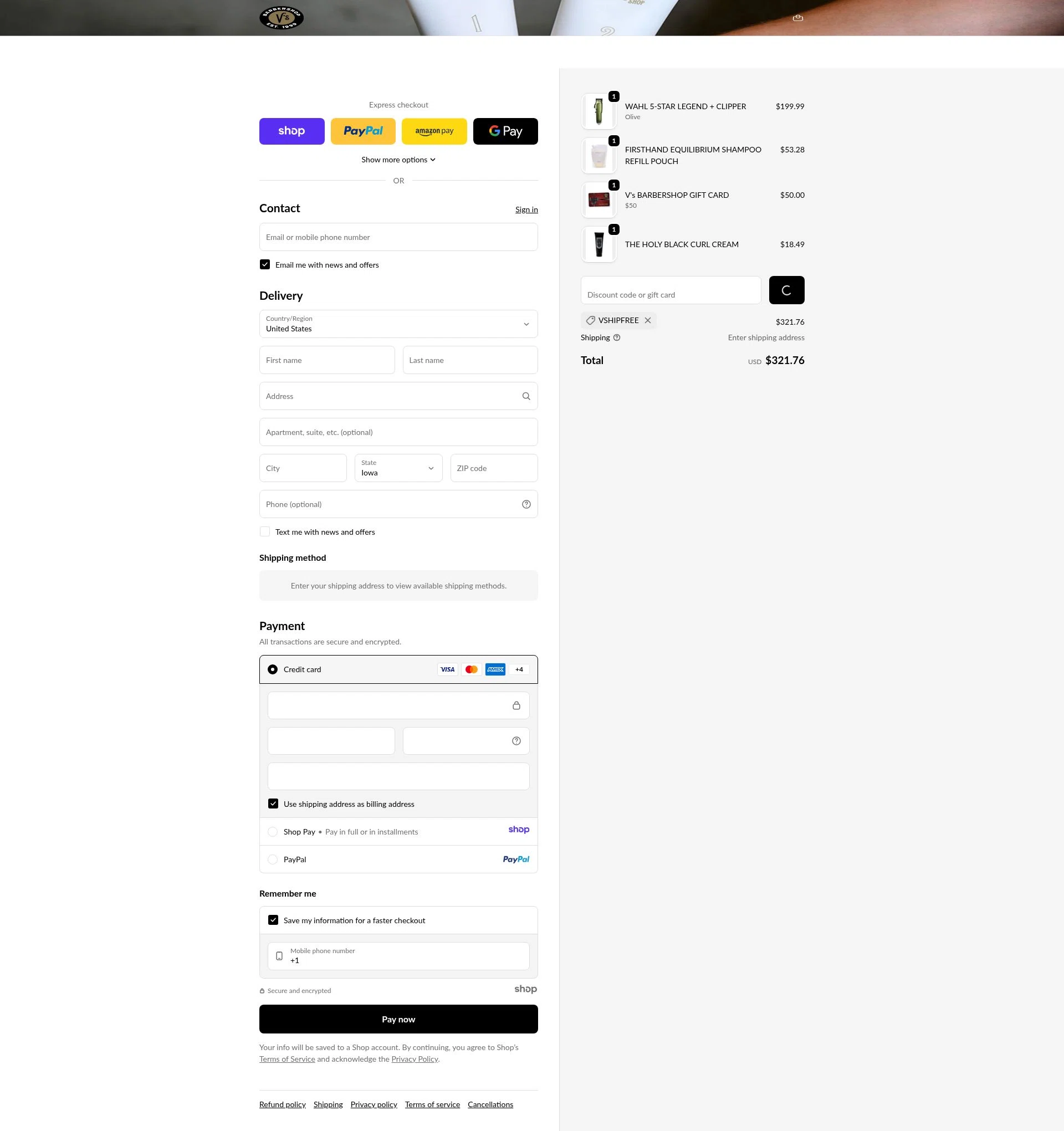 V's Barbershop checkout page showing V's Barbershop promo code box | Screenshot taken by SimplyCodes community member on Jan 1, 2026
