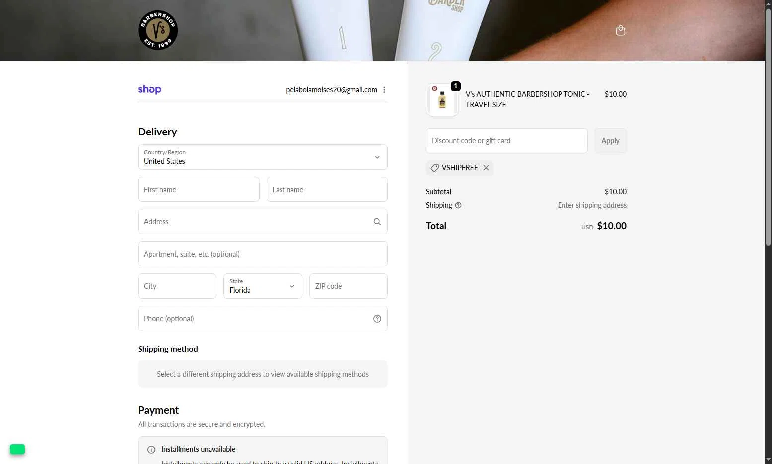 V's Barbershop checkout page showing V's Barbershop promo code box | Screenshot taken by SimplyCodes community member on Dec 14, 2025
