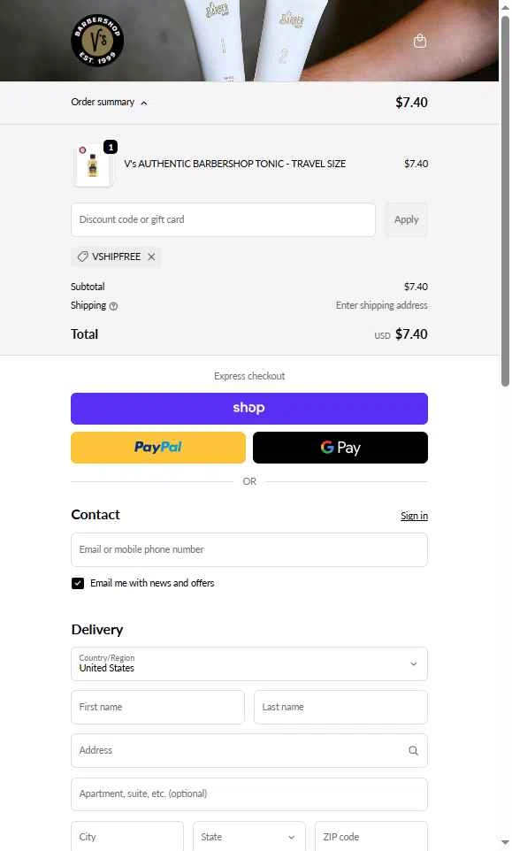 V's Barbershop checkout page showing V's Barbershop promo code box | Screenshot taken by SimplyCodes community member on Nov 23, 2025