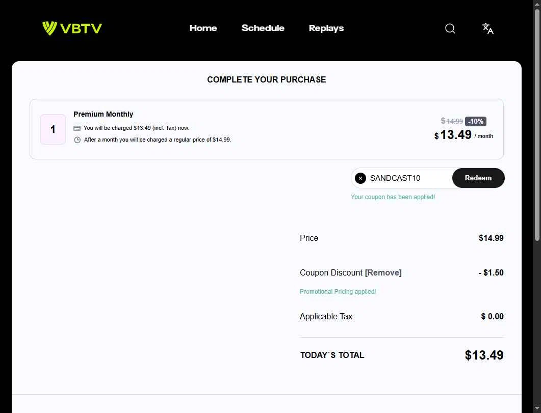 VBTV checkout page showing VBTV promo code box | Screenshot taken by SimplyCodes community member on Dec 13, 2025