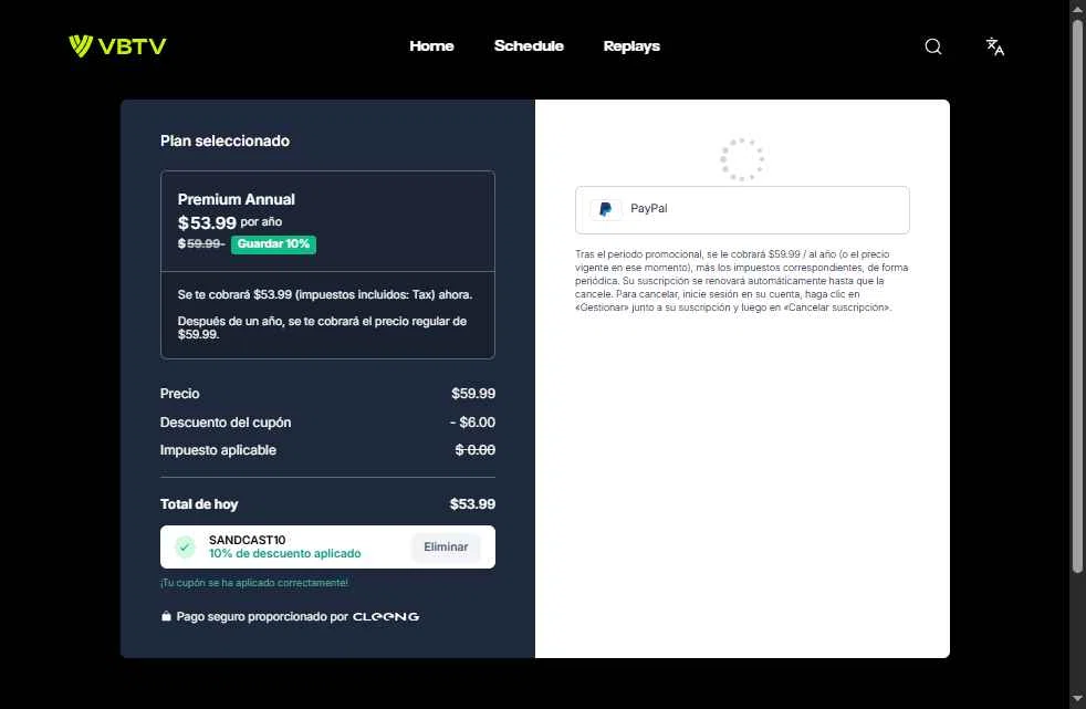 VBTV checkout page showing VBTV promo code box | Screenshot taken by SimplyCodes community member on Oct 16, 2025