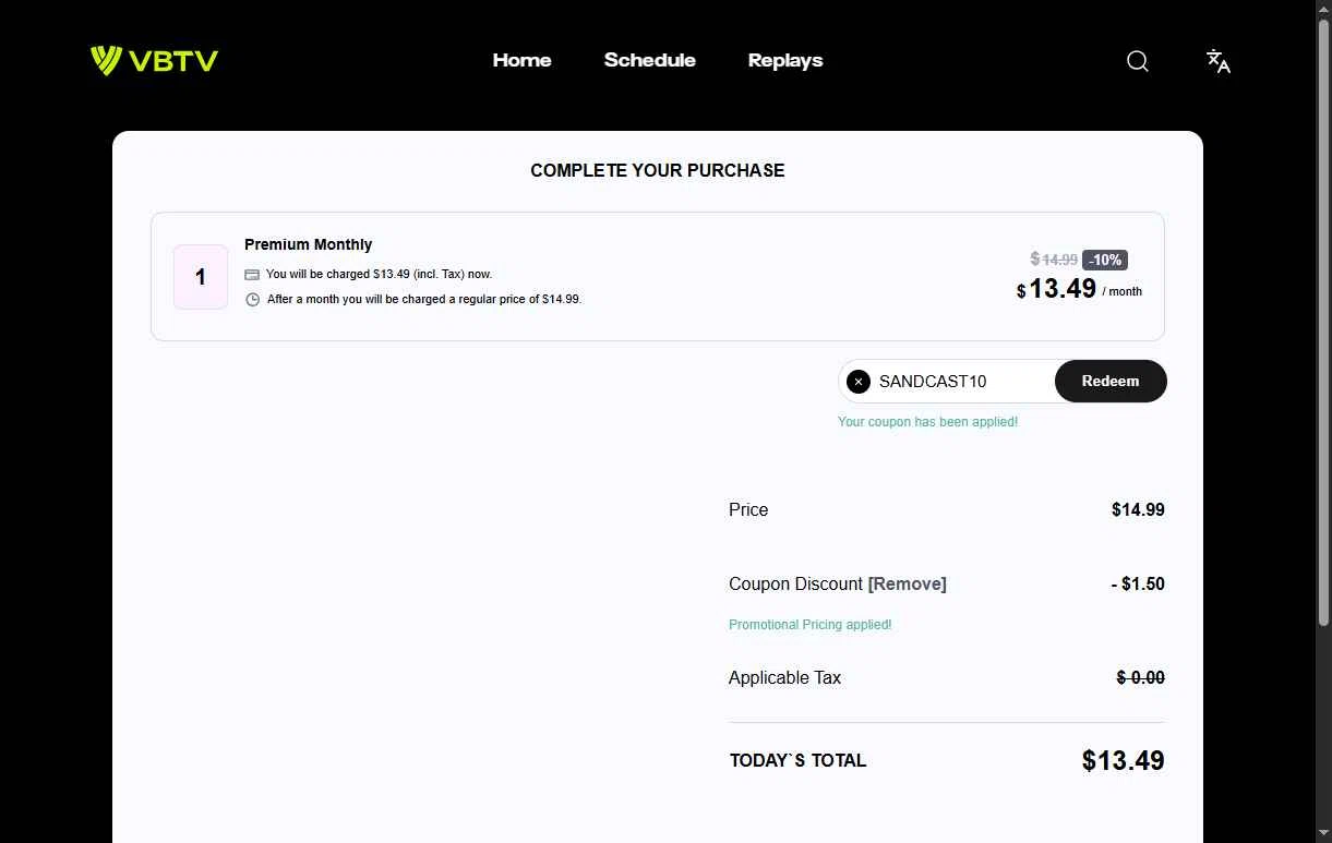 VBTV checkout page showing VBTV promo code box | Screenshot taken by SimplyCodes community member on Sep 17, 2025