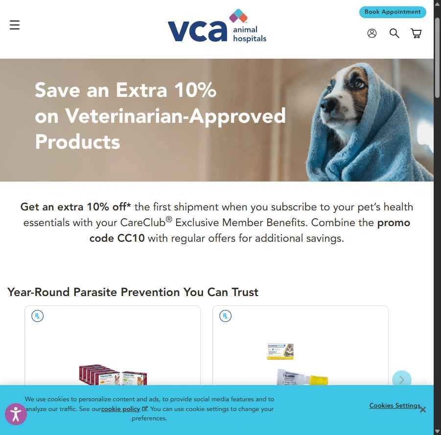 VCA Animal Hospitals checkout page showing VCA Animal Hospitals promo code box | Screenshot taken by SimplyCodes community member on Oct 1, 2025