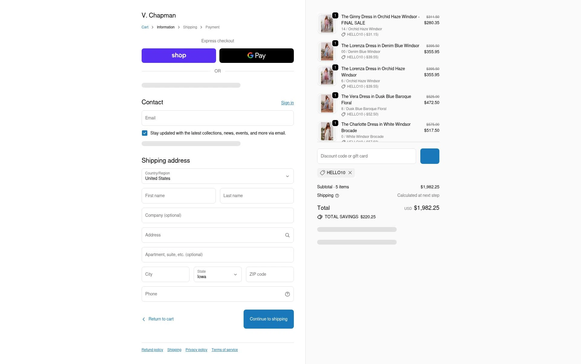 V. Chapman checkout page showing V. Chapman discount code box | Screenshot taken by SimplyCodes community member on Feb 9, 2026