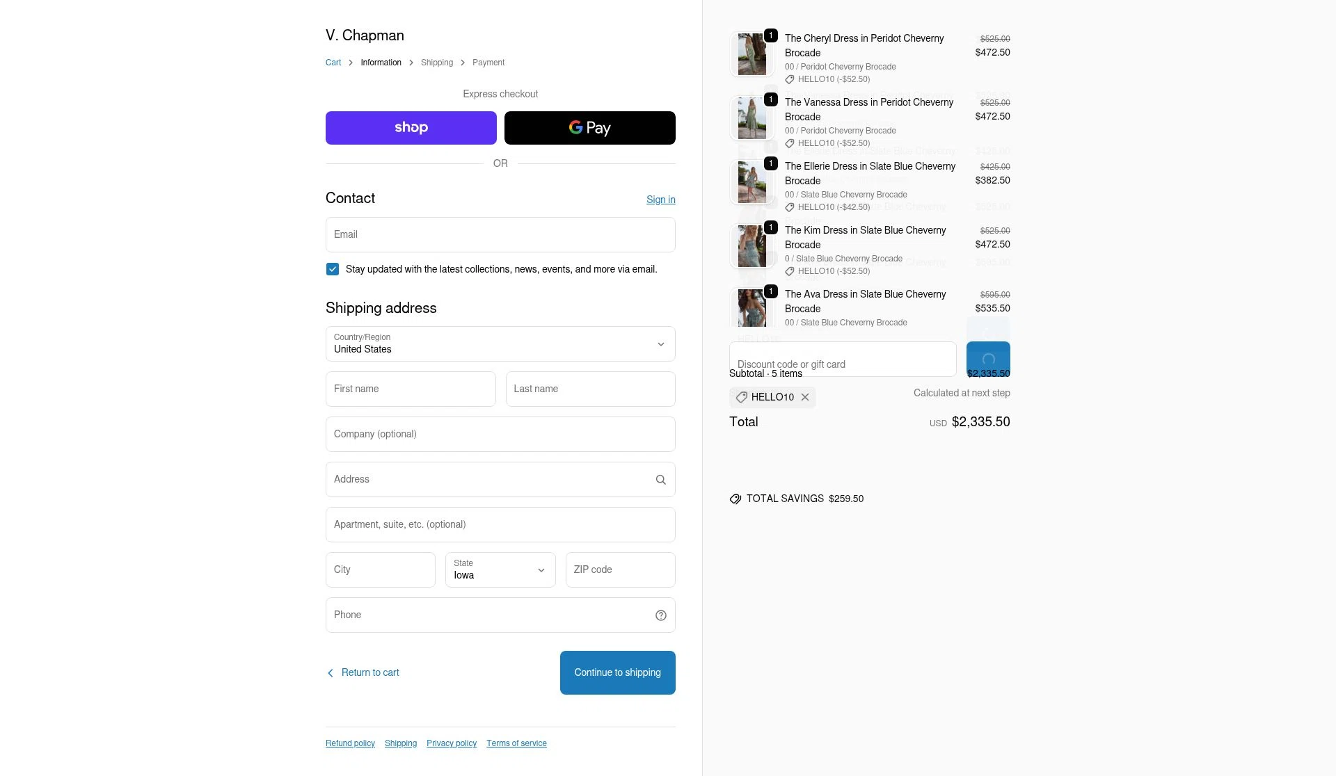V. Chapman checkout page showing V. Chapman discount code box | Screenshot taken by SimplyCodes community member on Feb 5, 2026