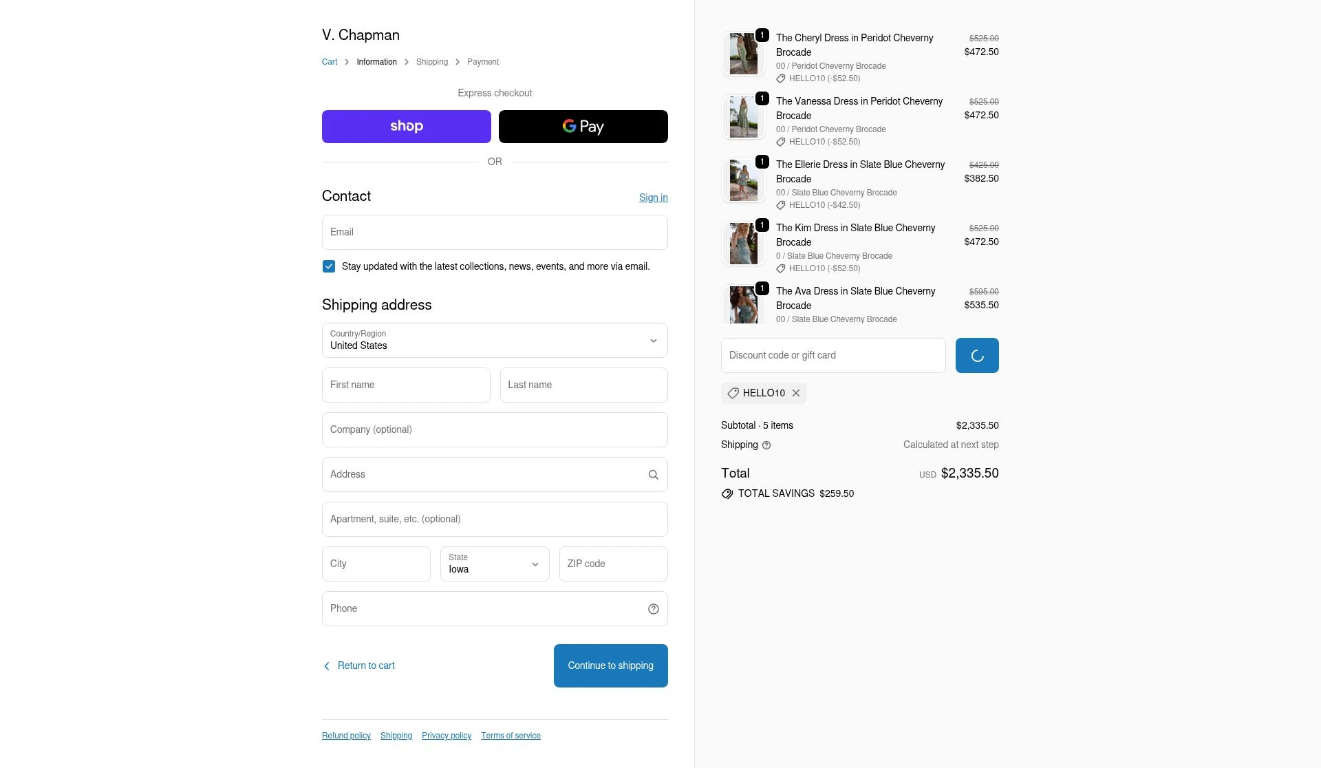 V. Chapman checkout page showing V. Chapman discount code box | Screenshot taken by SimplyCodes community member on Jan 31, 2026