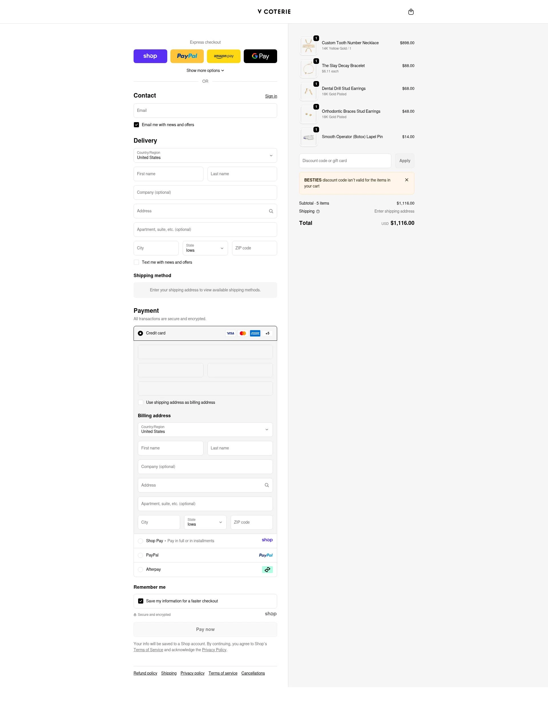 V Coterie checkout page showing V Coterie discount code box | Screenshot taken by SimplyCodes community member on Jan 1, 2026
