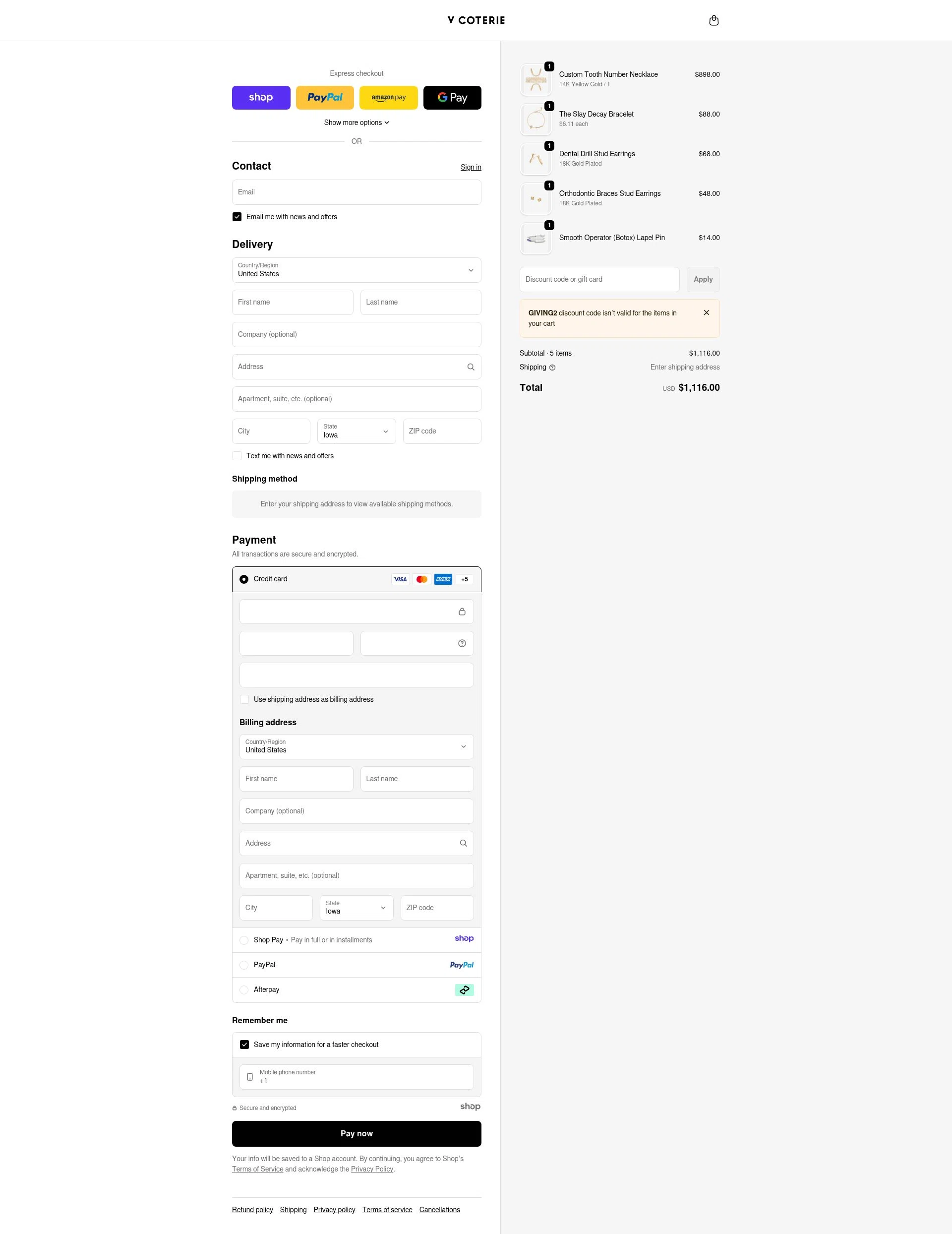 V Coterie checkout page showing V Coterie discount code box | Screenshot taken by SimplyCodes community member on Dec 27, 2025
