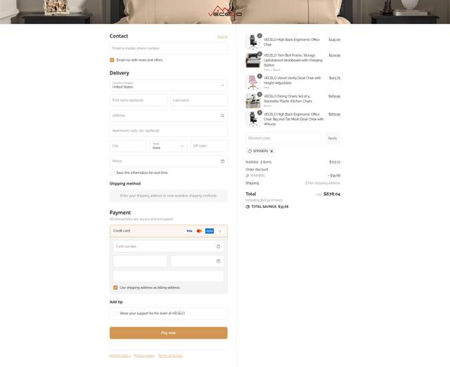 Vecelo checkout page showing Vecelo discount code box | Screenshot taken by SimplyCodes community member on Sep 13, 2025