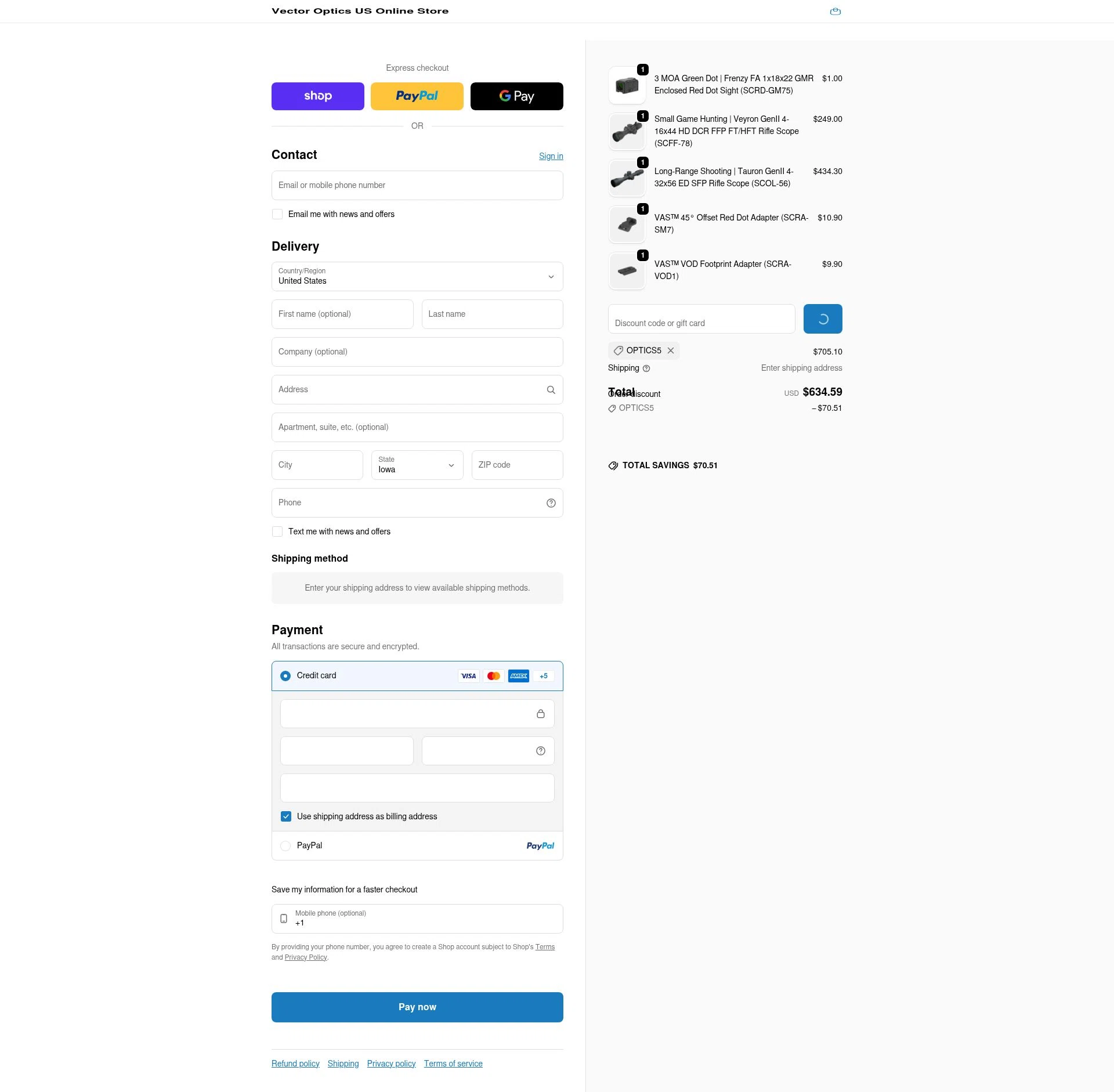 Vector Optics Online Store checkout page showing Vector Optics Online Store promo code box | Screenshot taken by SimplyCodes community member on Feb 20, 2026