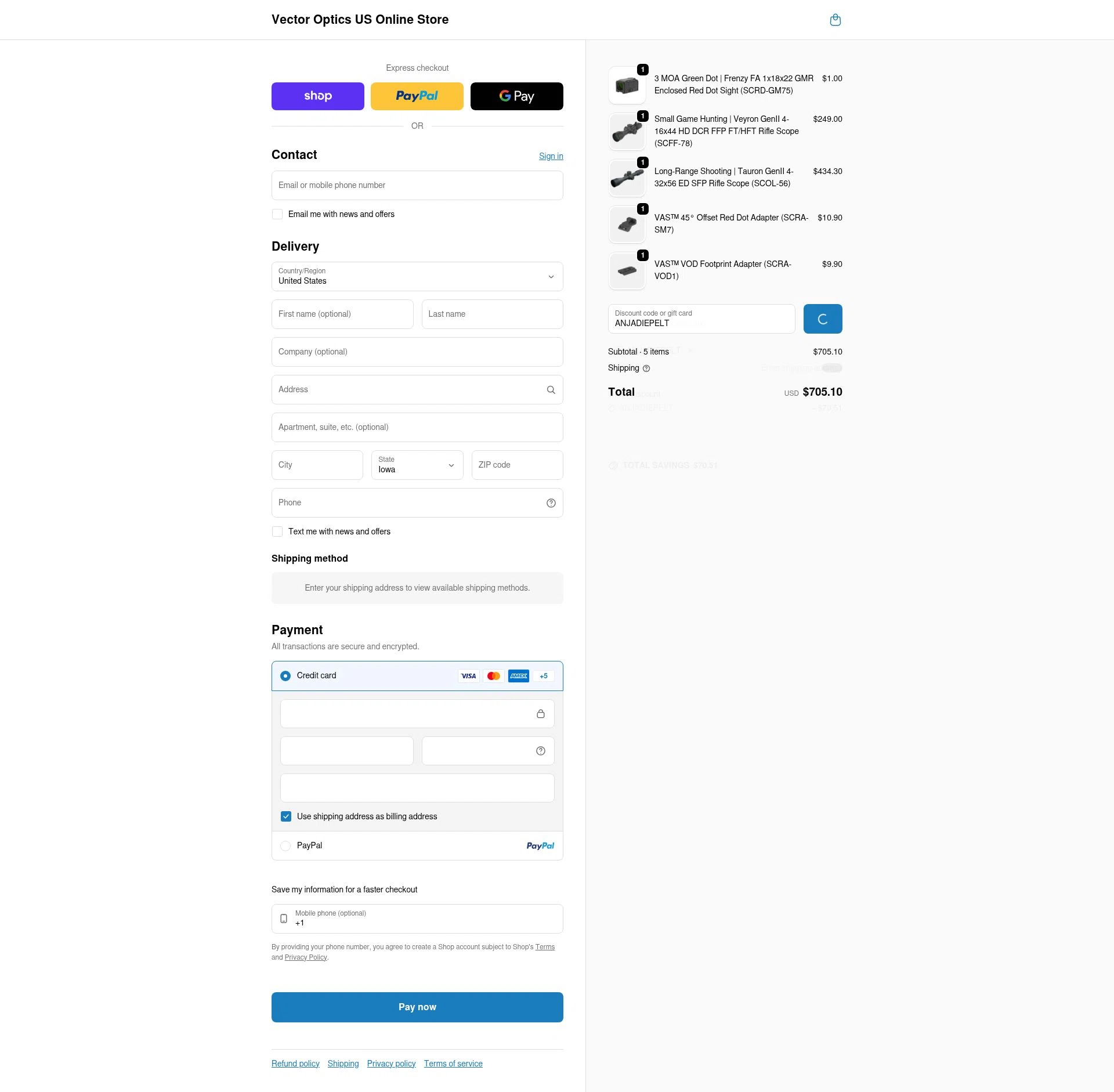 Vector Optics Online Store checkout page showing Vector Optics Online Store promo code box | Screenshot taken by SimplyCodes community member on Feb 20, 2026