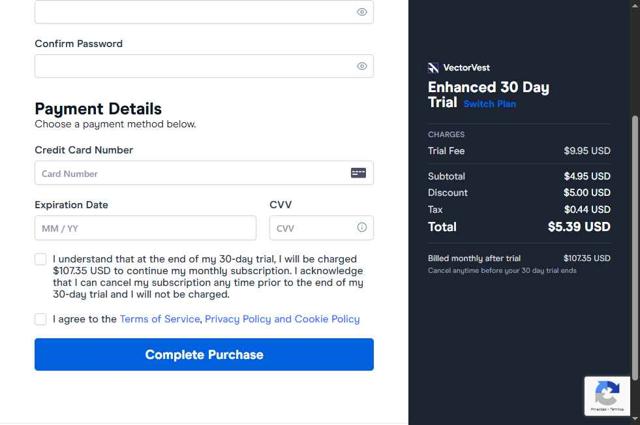 VectorVest checkout page showing VectorVest promo code box | Screenshot taken by SimplyCodes community member on Jul 12, 2025