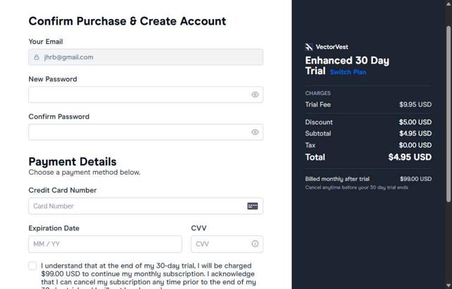 VectorVest checkout page showing VectorVest promo code box | Screenshot taken by SimplyCodes community member on Jun 13, 2025