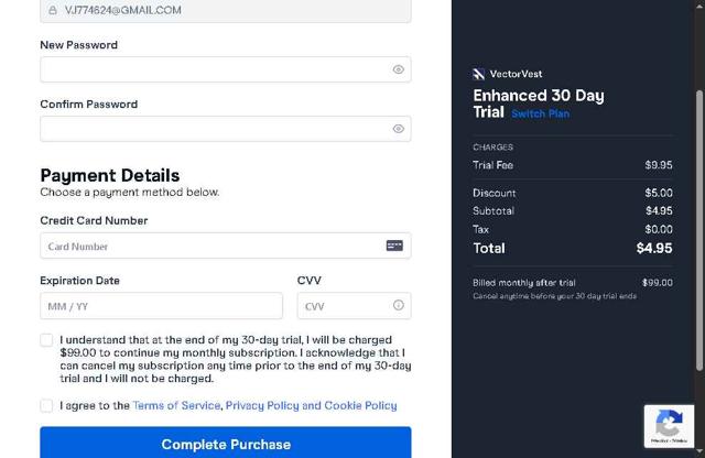 VectorVest checkout page showing VectorVest promo code box | Screenshot taken by SimplyCodes community member on Jul 12, 2025