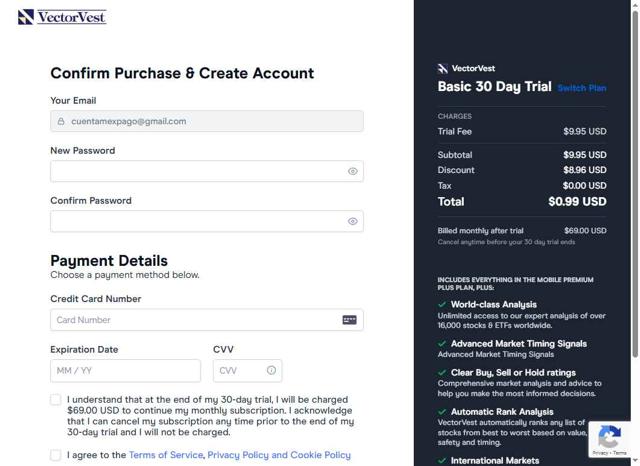 VectorVest checkout page showing VectorVest promo code box | Screenshot taken by SimplyCodes community member on Jul 9, 2025