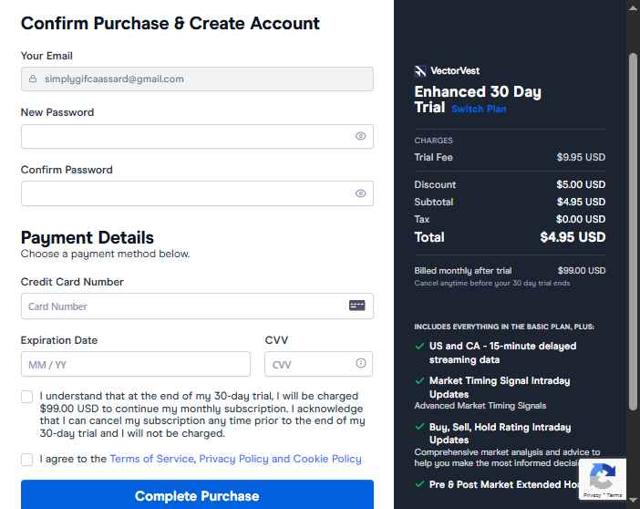 VectorVest checkout page showing VectorVest promo code box | Screenshot taken by SimplyCodes community member on Jul 12, 2025