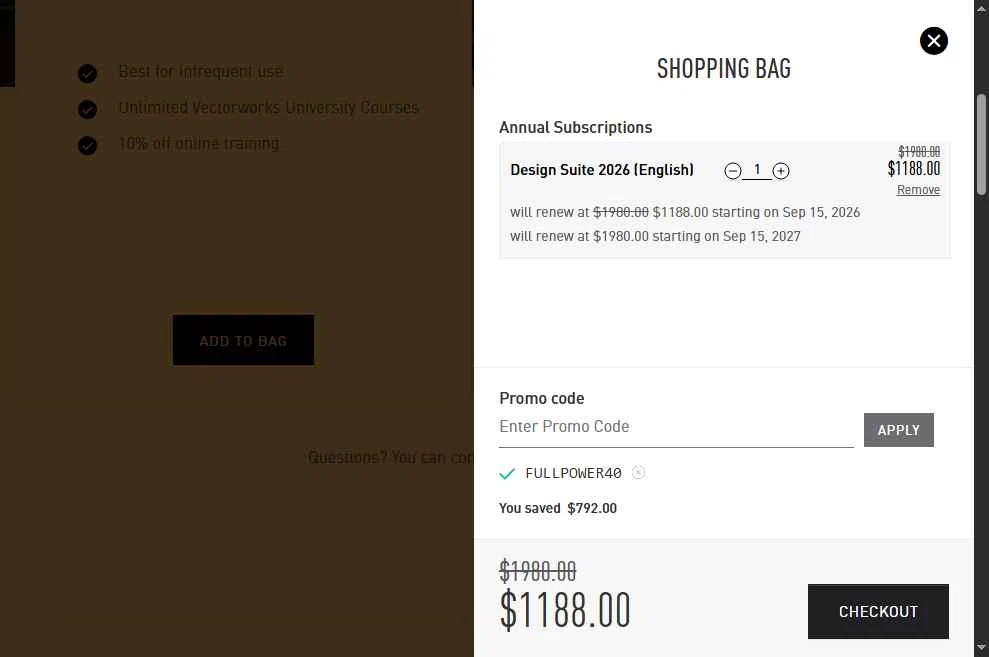 Vectorworks checkout page showing Vectorworks promo code box | Screenshot taken by SimplyCodes community member on Sep 15, 2025