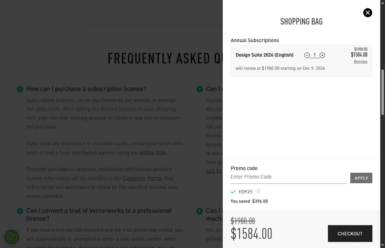 Vectorworks checkout page showing Vectorworks promo code box | Screenshot taken by SimplyCodes community member on Dec 9, 2025