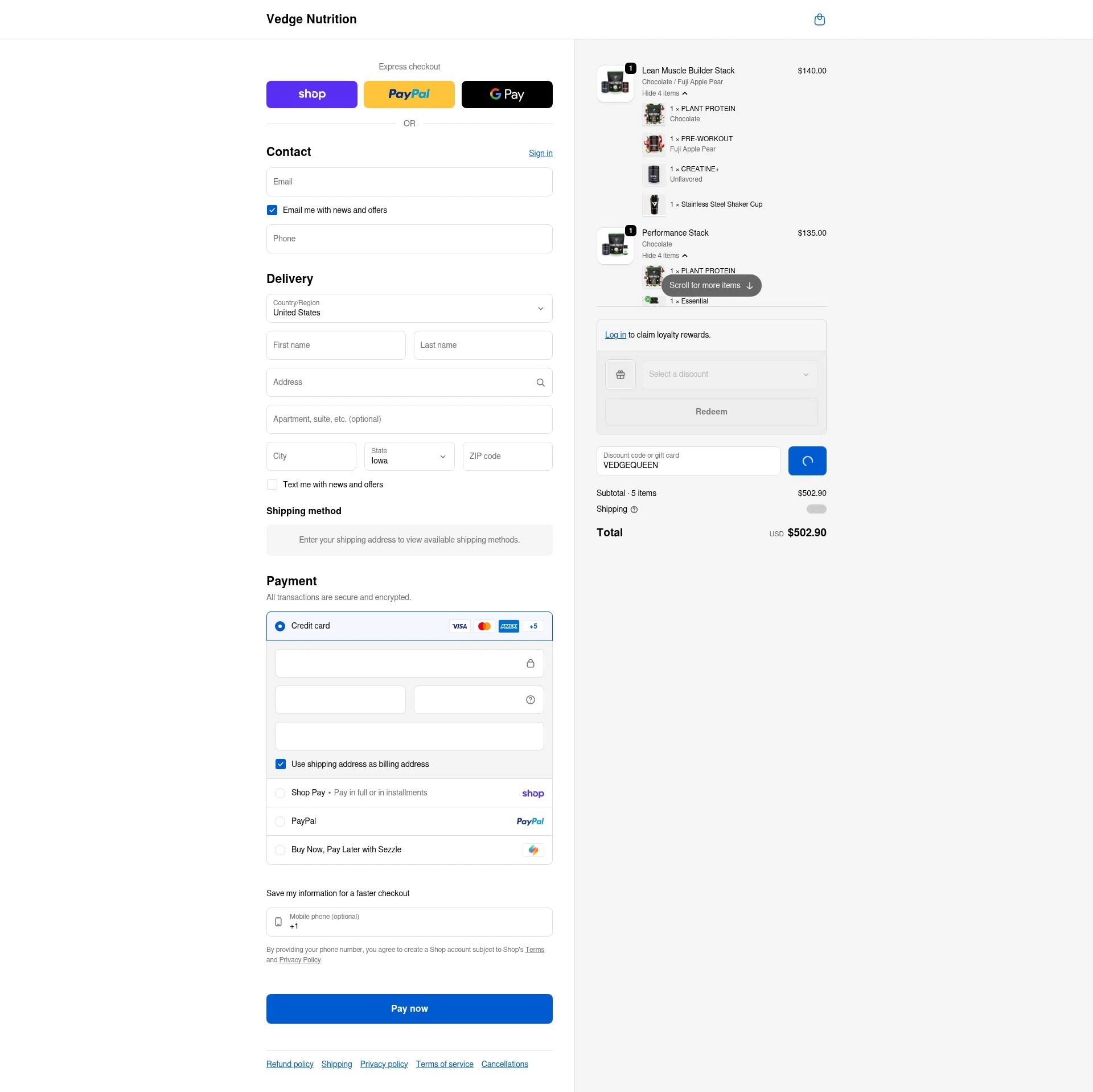 Vedge Nutrition checkout page showing Vedge Nutrition discount code box | Screenshot taken by SimplyCodes community member on Feb 8, 2026