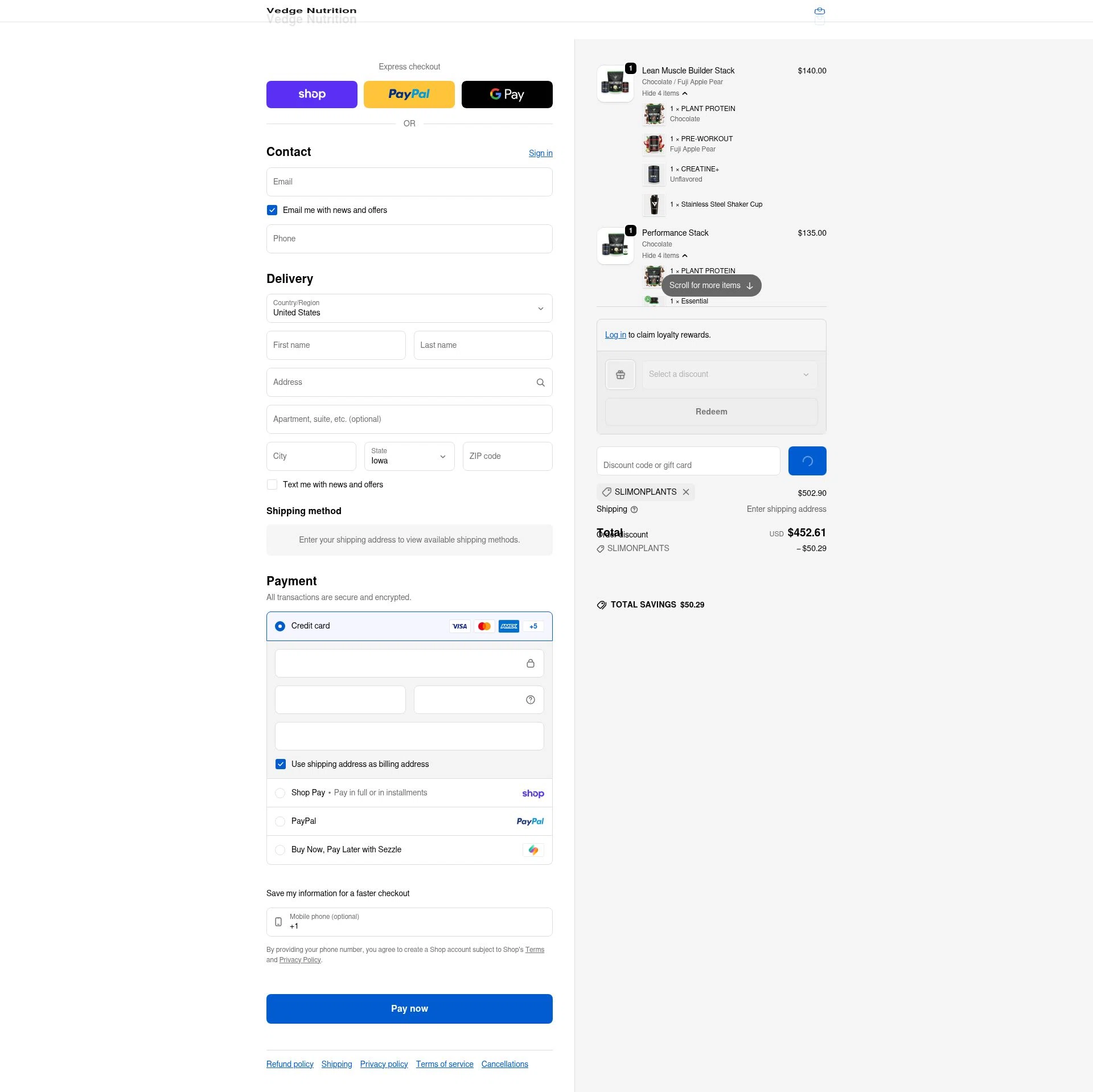 Vedge Nutrition checkout page showing Vedge Nutrition discount code box | Screenshot taken by SimplyCodes community member on Feb 8, 2026
