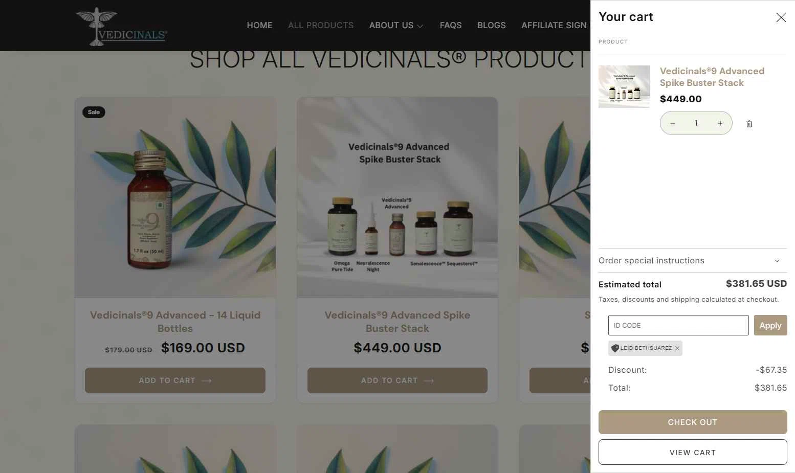 Vedicinals checkout page showing Vedicinals promo code box | Screenshot taken by SimplyCodes community member on Dec 22, 2025