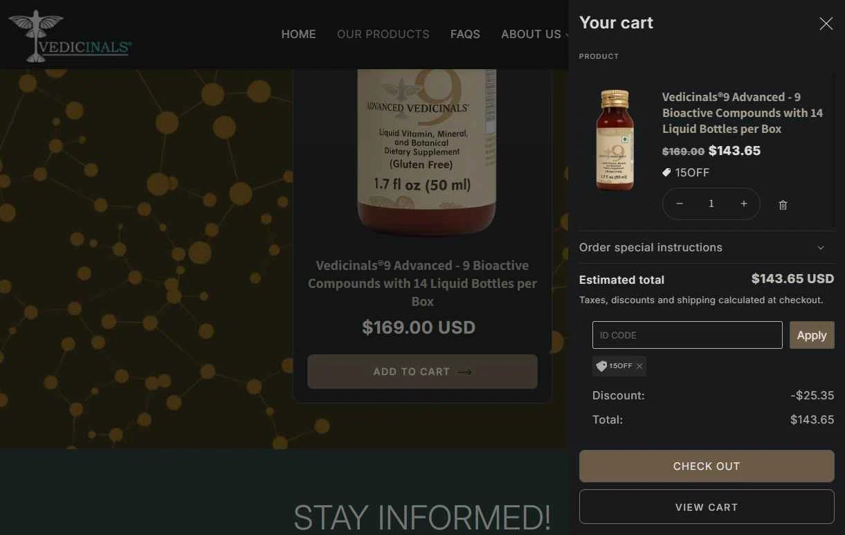 Vedicinals checkout page showing Vedicinals promo code box | Screenshot taken by SimplyCodes community member on Oct 28, 2025