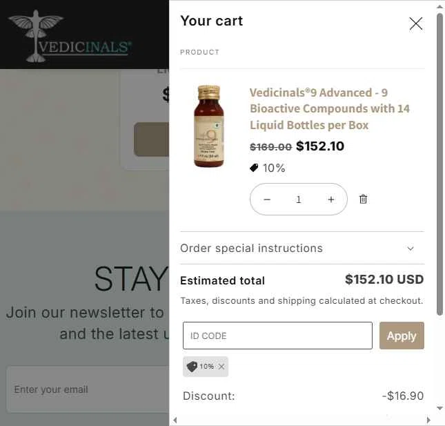 Vedicinals checkout page showing Vedicinals promo code box | Screenshot taken by SimplyCodes community member on Oct 28, 2025
