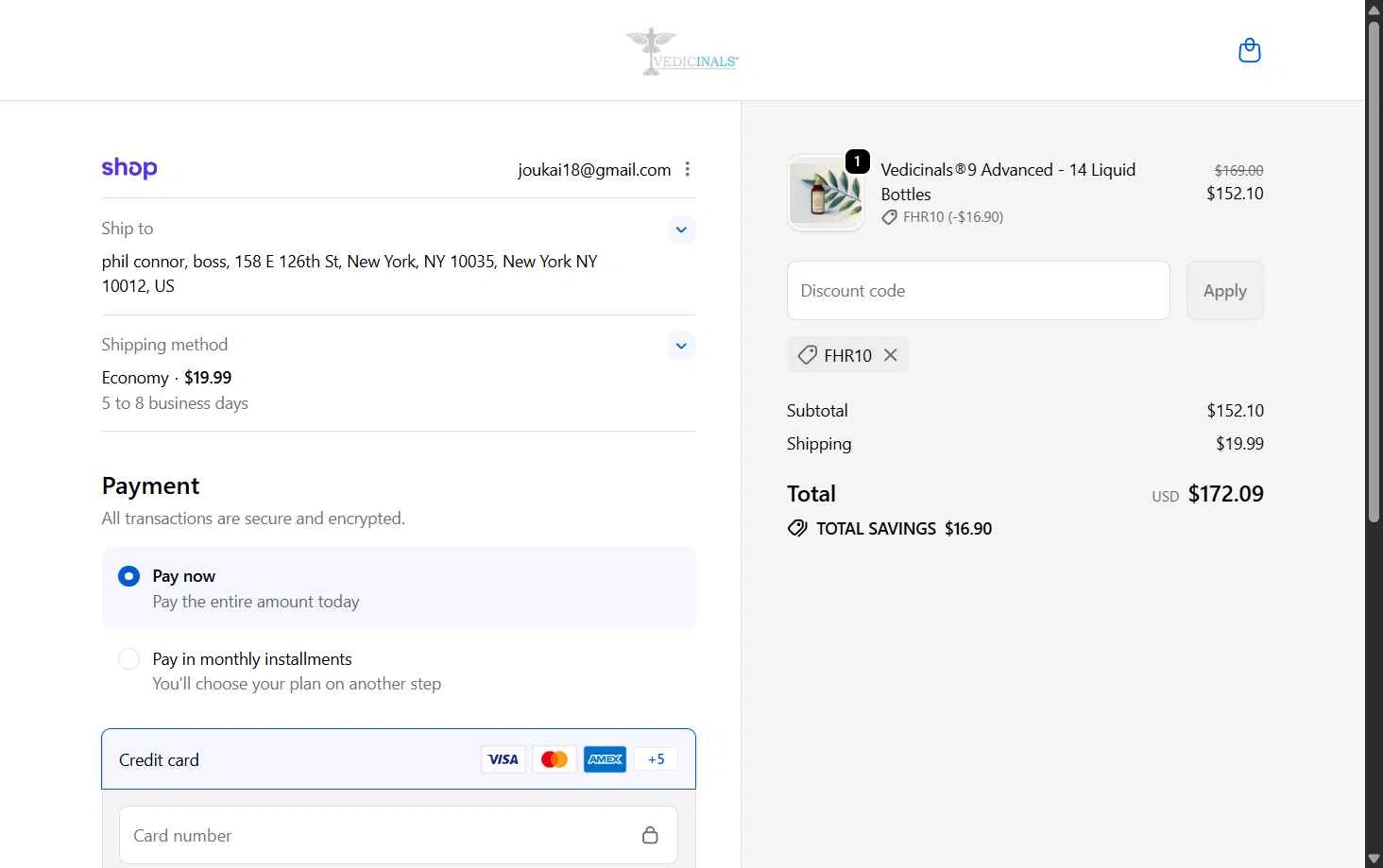 Vedicinals checkout page showing Vedicinals promo code box | Screenshot taken by SimplyCodes community member on Dec 25, 2025