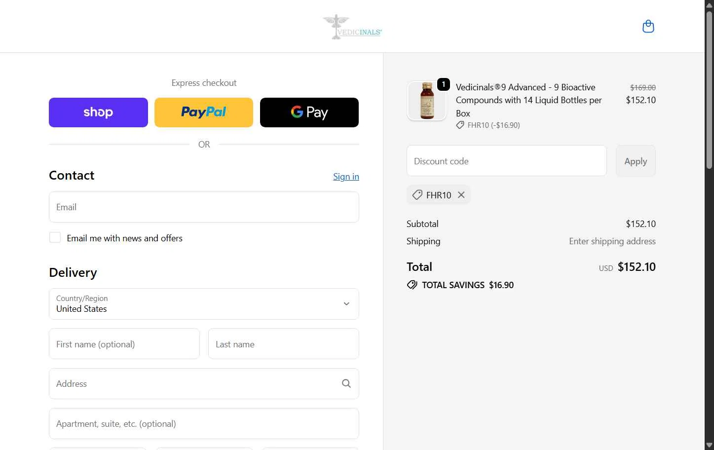 Vedicinals checkout page showing Vedicinals promo code box | Screenshot taken by SimplyCodes community member on Oct 28, 2025
