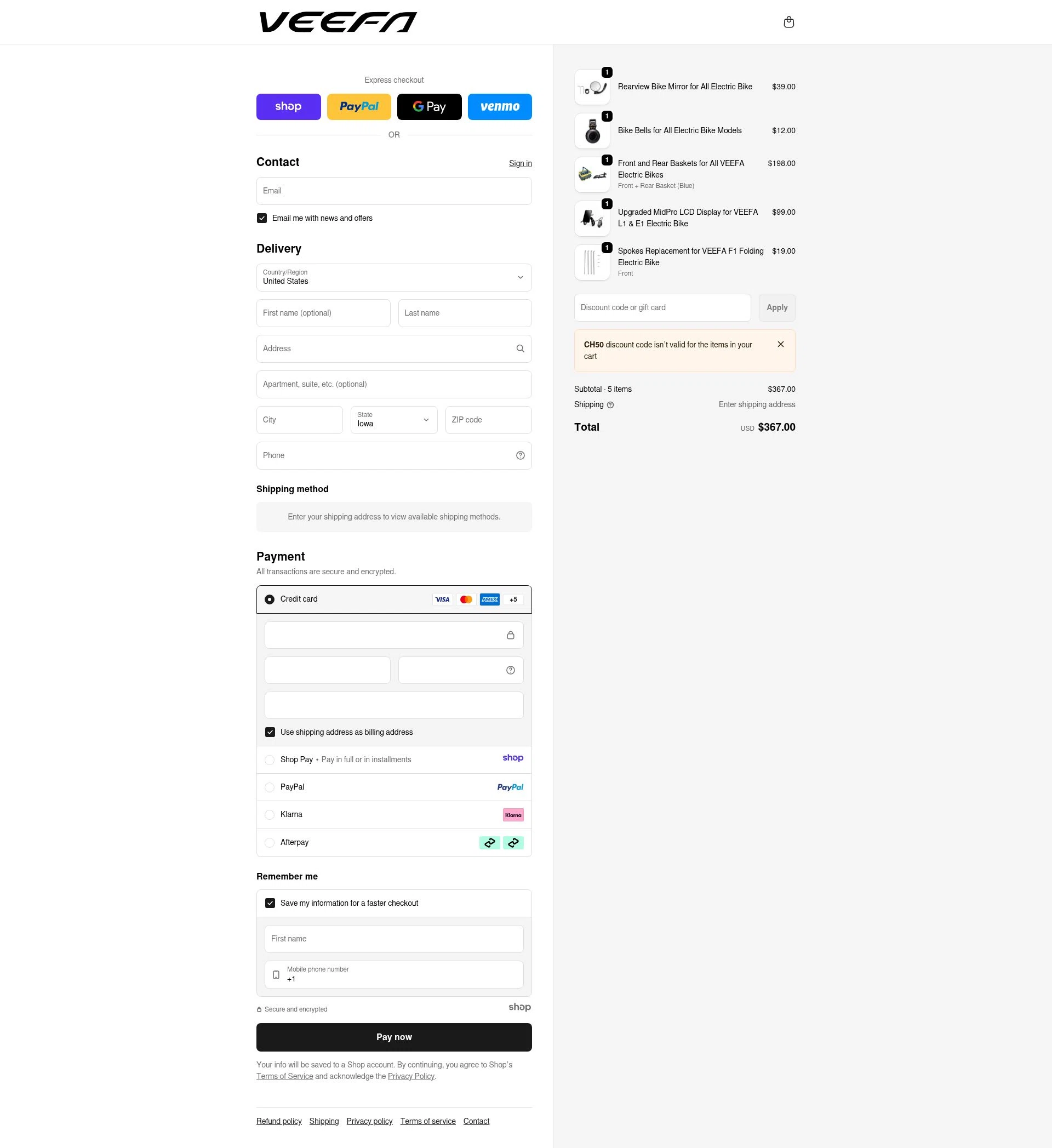 Veefa checkout page showing Veefa promo code box | Screenshot taken by SimplyCodes community member on Dec 28, 2025