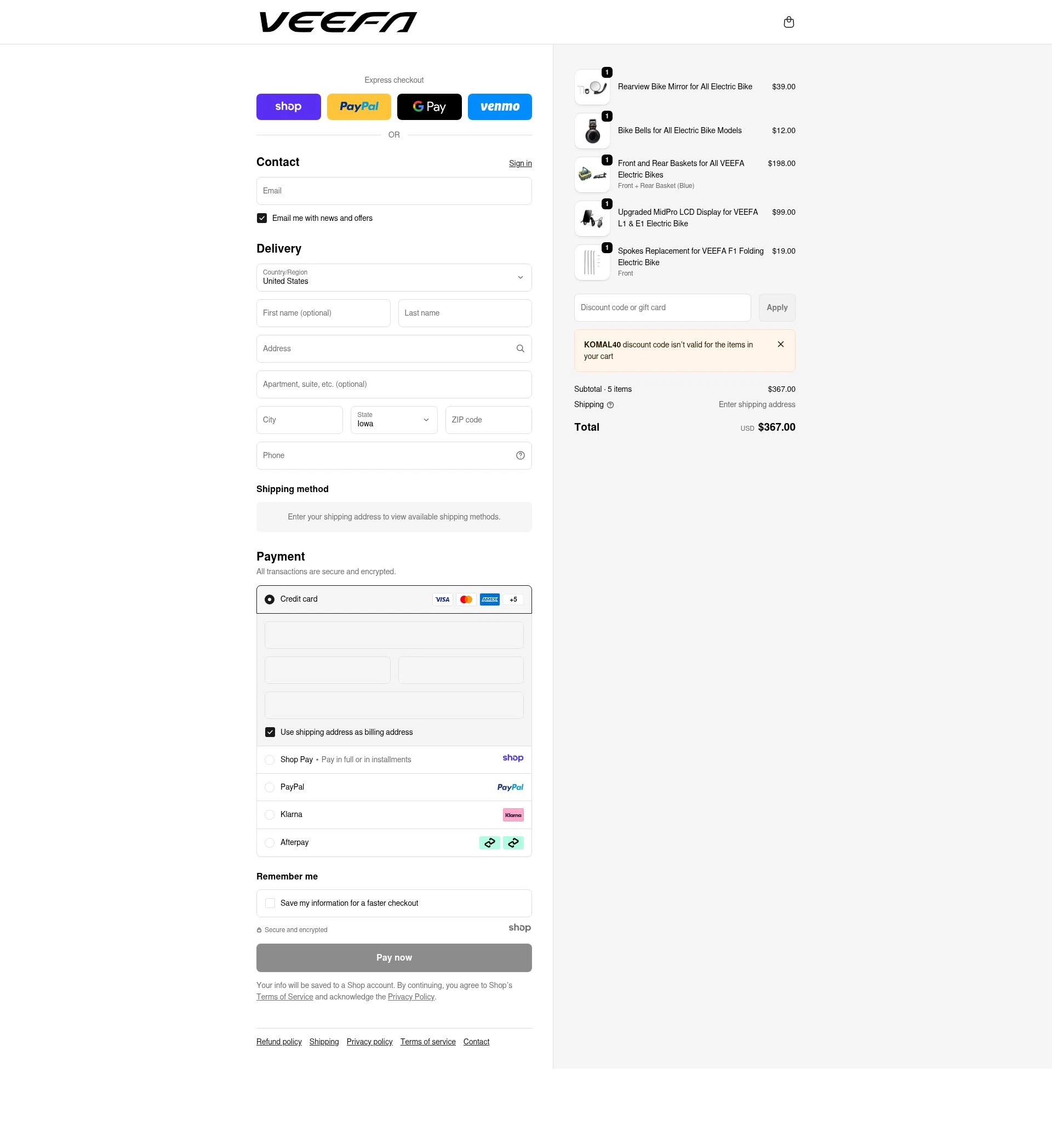 Veefa checkout page showing Veefa promo code box | Screenshot taken by SimplyCodes community member on Dec 28, 2025