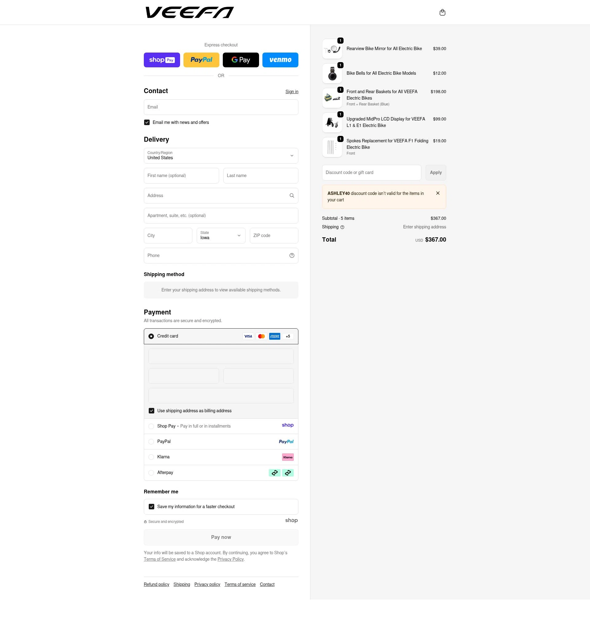Veefa checkout page showing Veefa promo code box | Screenshot taken by SimplyCodes community member on Jan 7, 2026