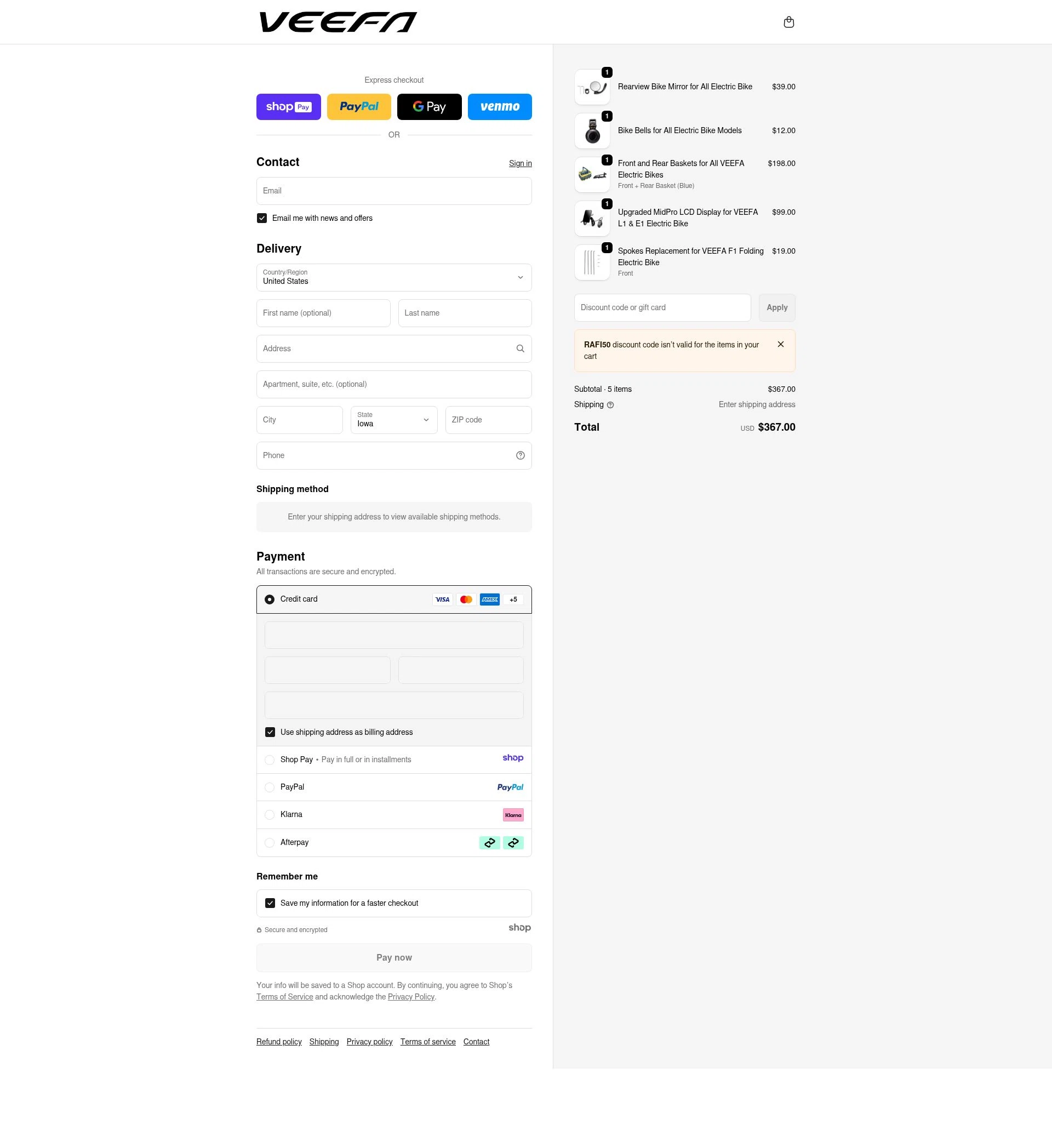 Veefa checkout page showing Veefa promo code box | Screenshot taken by SimplyCodes community member on Jan 7, 2026