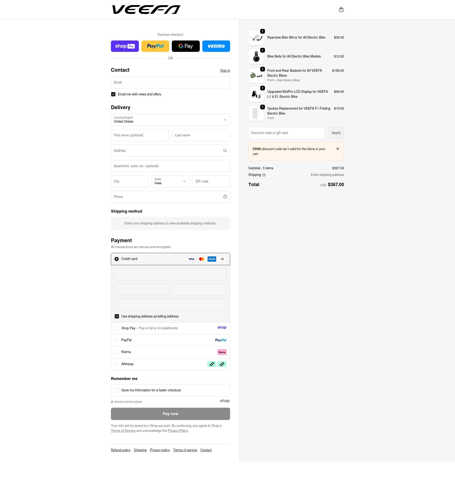 Veefa checkout page showing Veefa promo code box | Screenshot taken by SimplyCodes community member on Jan 7, 2026