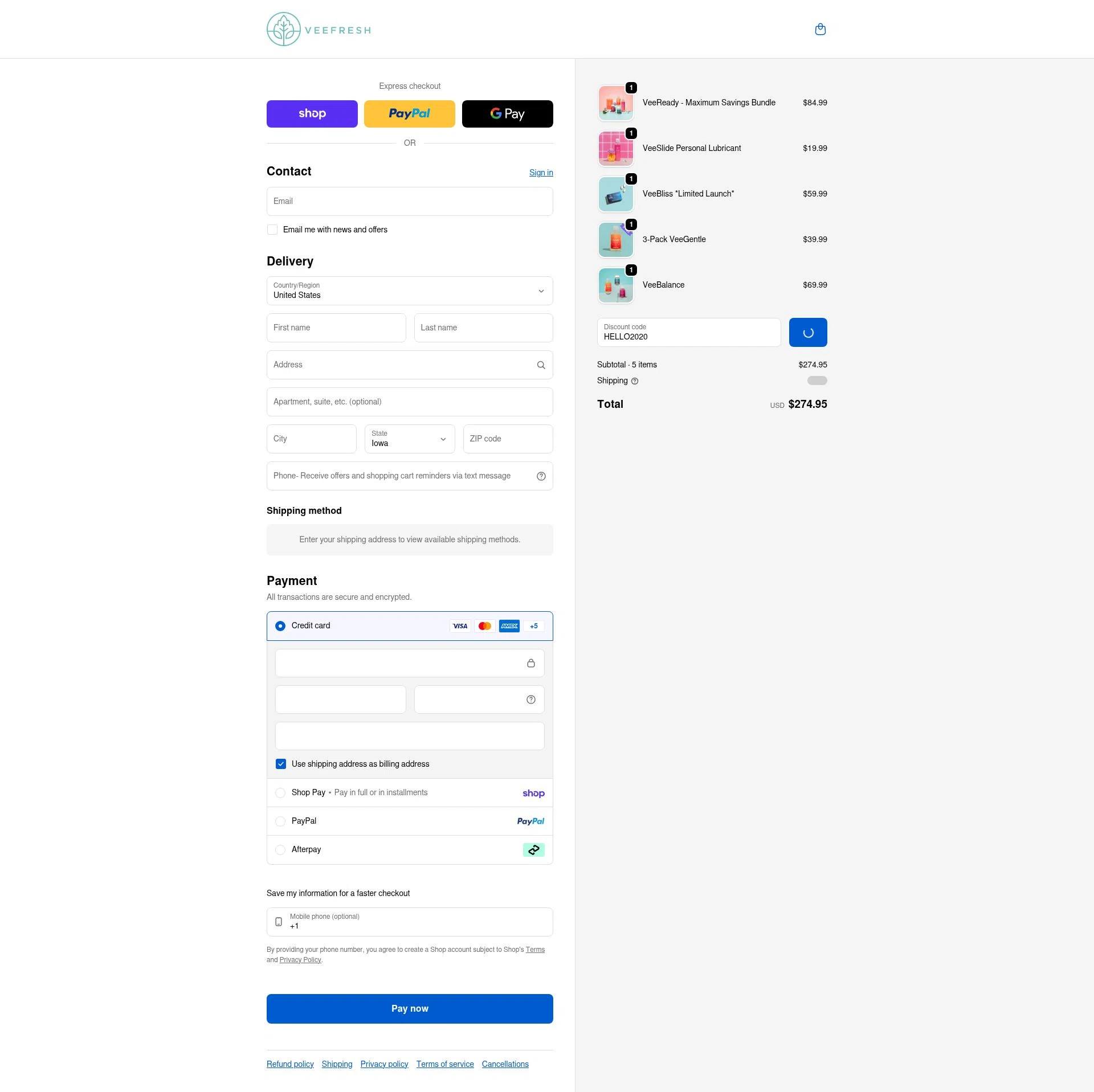 VeeFresh checkout page showing VeeFresh discount code box | Screenshot taken by SimplyCodes community member on Feb 4, 2026