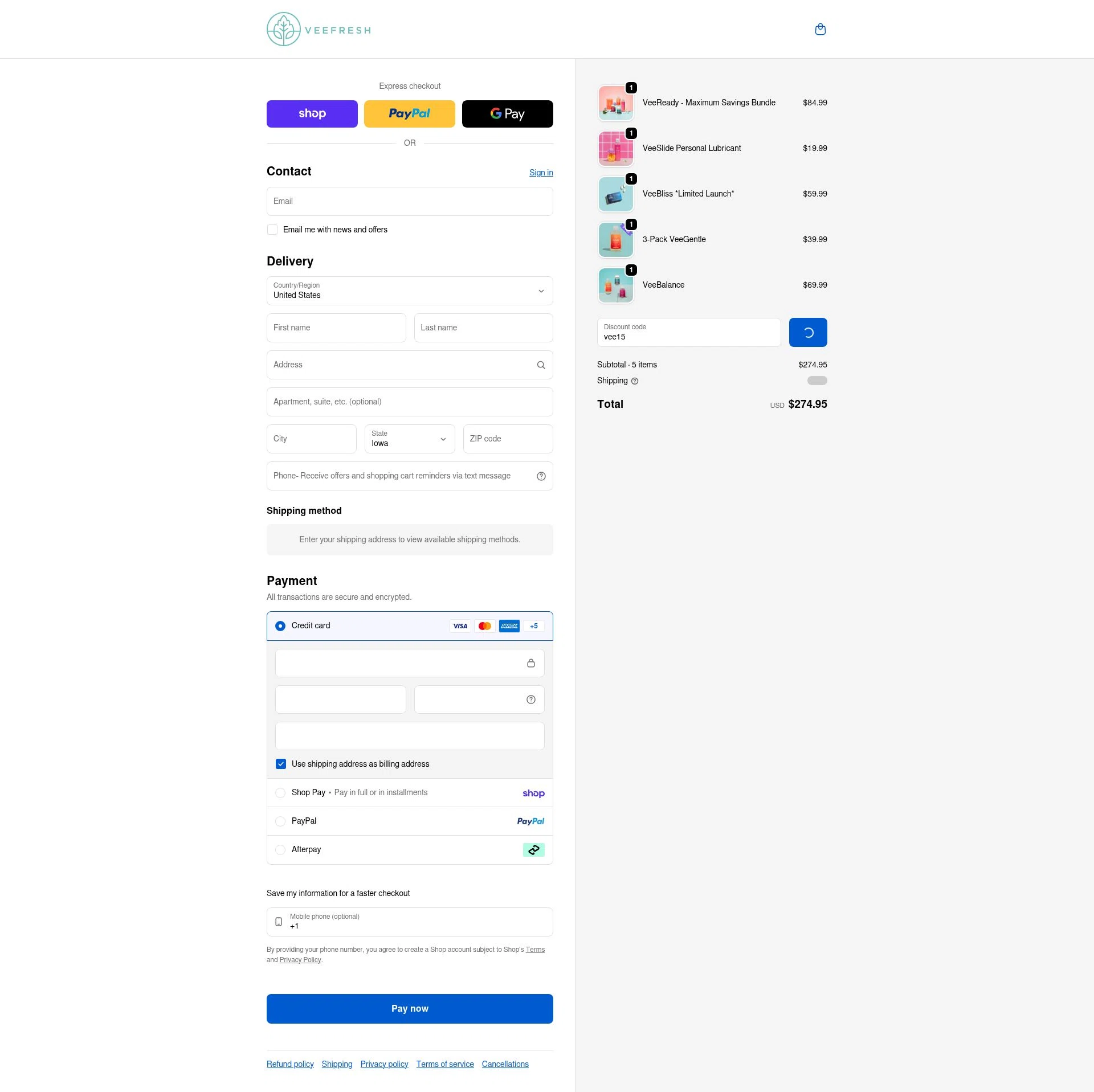 VeeFresh checkout page showing VeeFresh discount code box | Screenshot taken by SimplyCodes community member on Feb 4, 2026