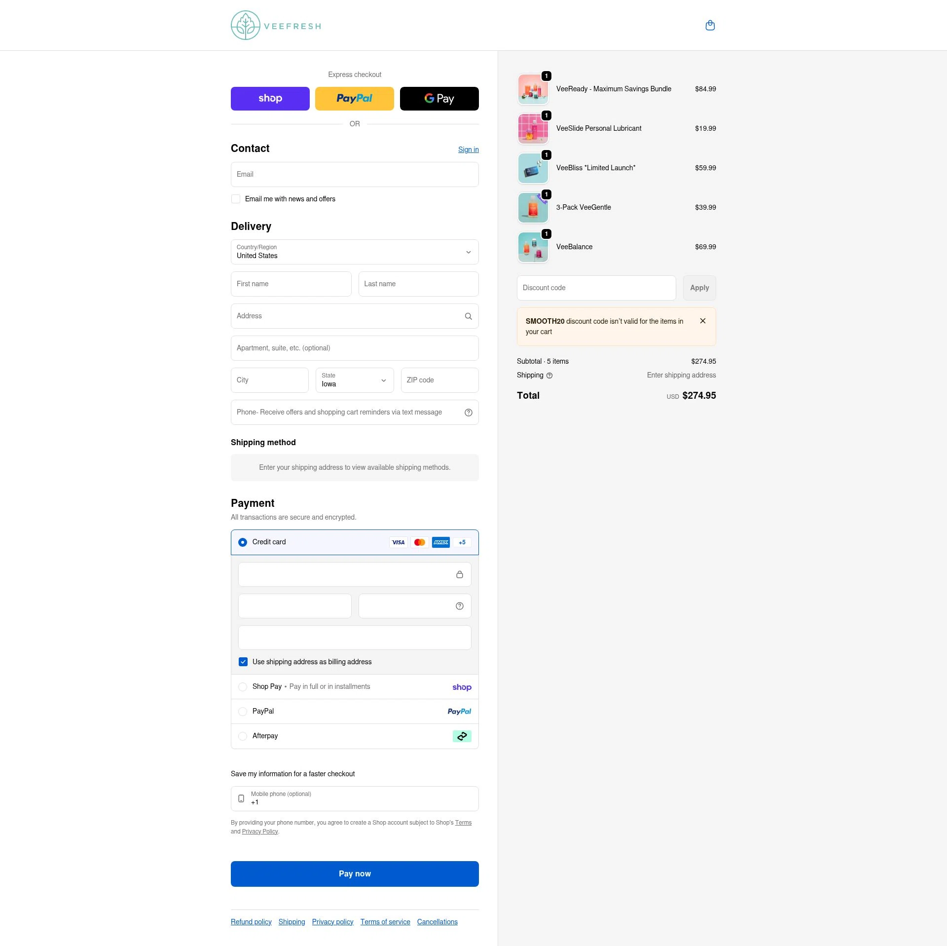 VeeFresh checkout page showing VeeFresh discount code box | Screenshot taken by SimplyCodes community member on Feb 4, 2026