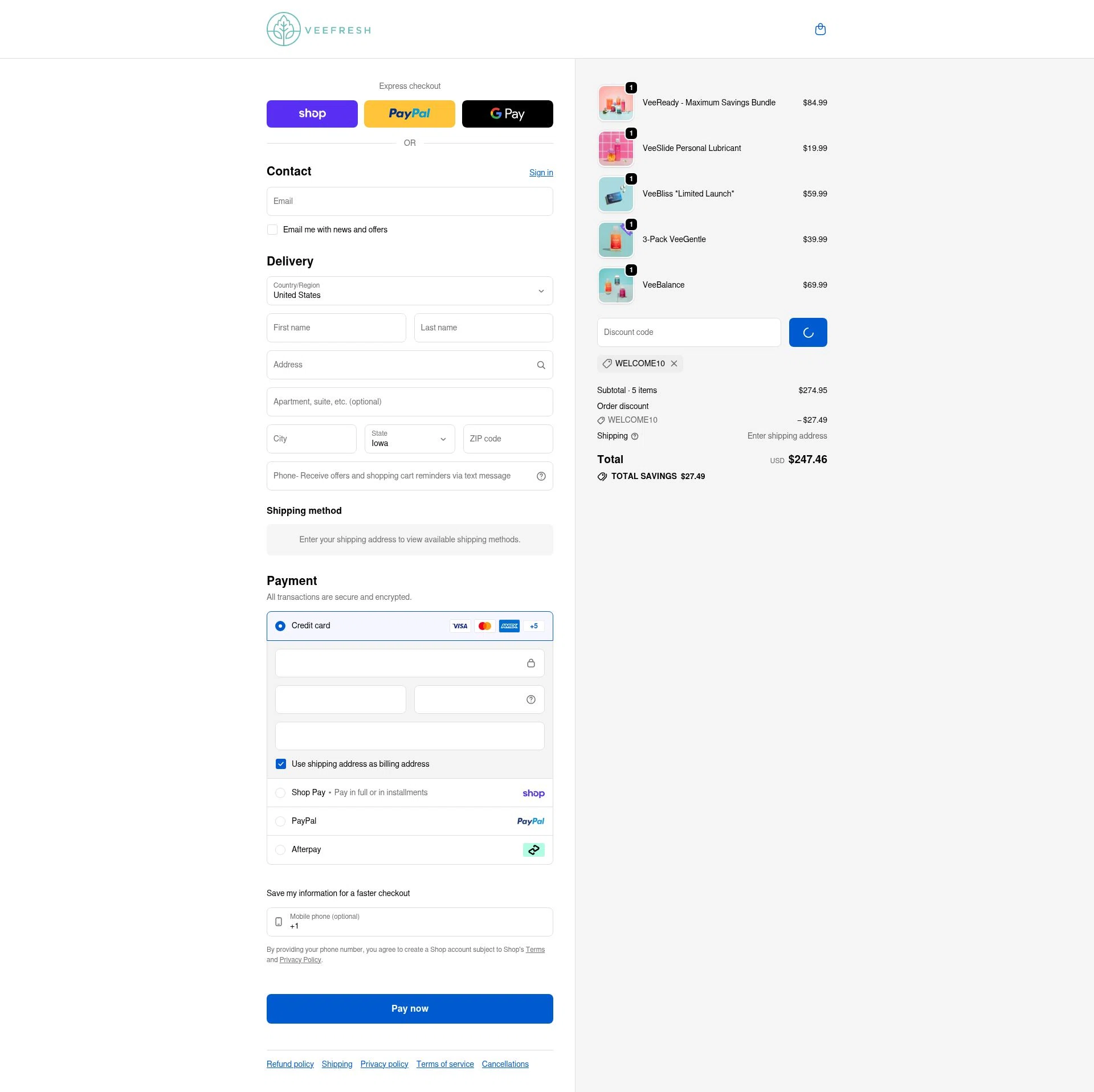 VeeFresh checkout page showing VeeFresh discount code box | Screenshot taken by SimplyCodes community member on Feb 4, 2026