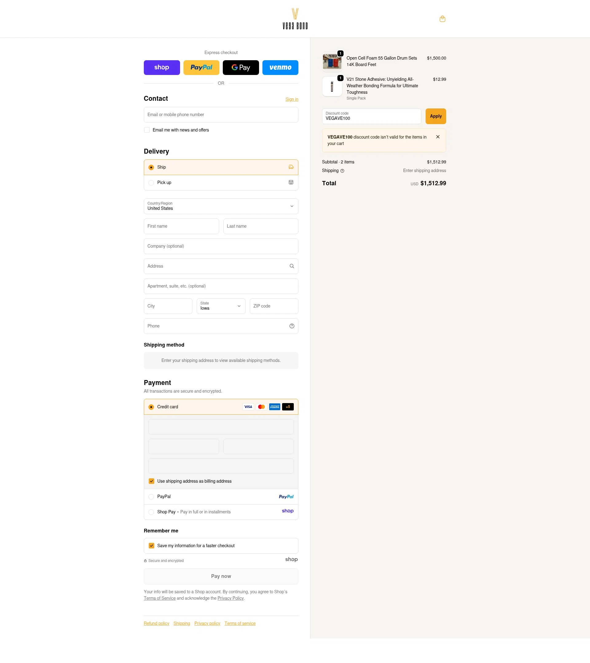 Vega Bond checkout page showing Vega Bond promo code box | Screenshot taken by SimplyCodes community member on Dec 16, 2025