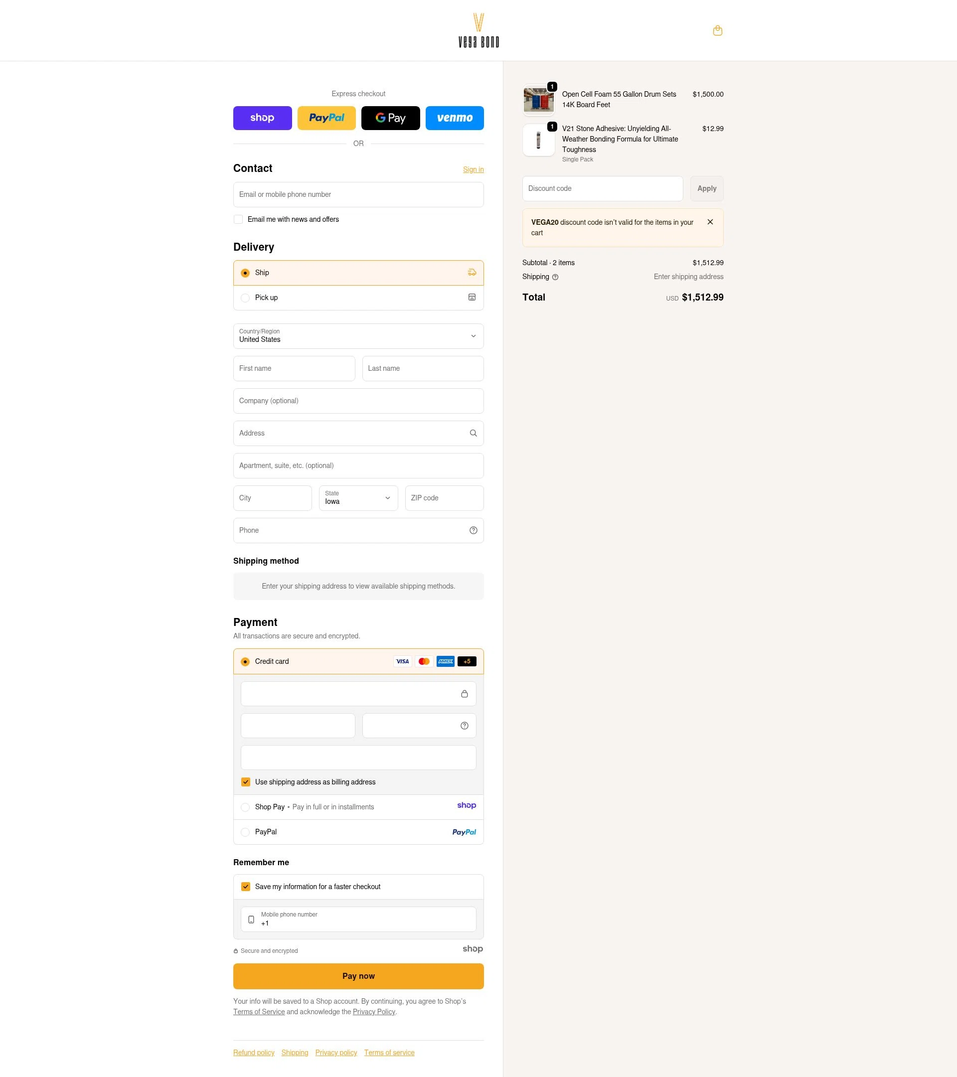 Vega Bond checkout page showing Vega Bond promo code box | Screenshot taken by SimplyCodes community member on Dec 28, 2025