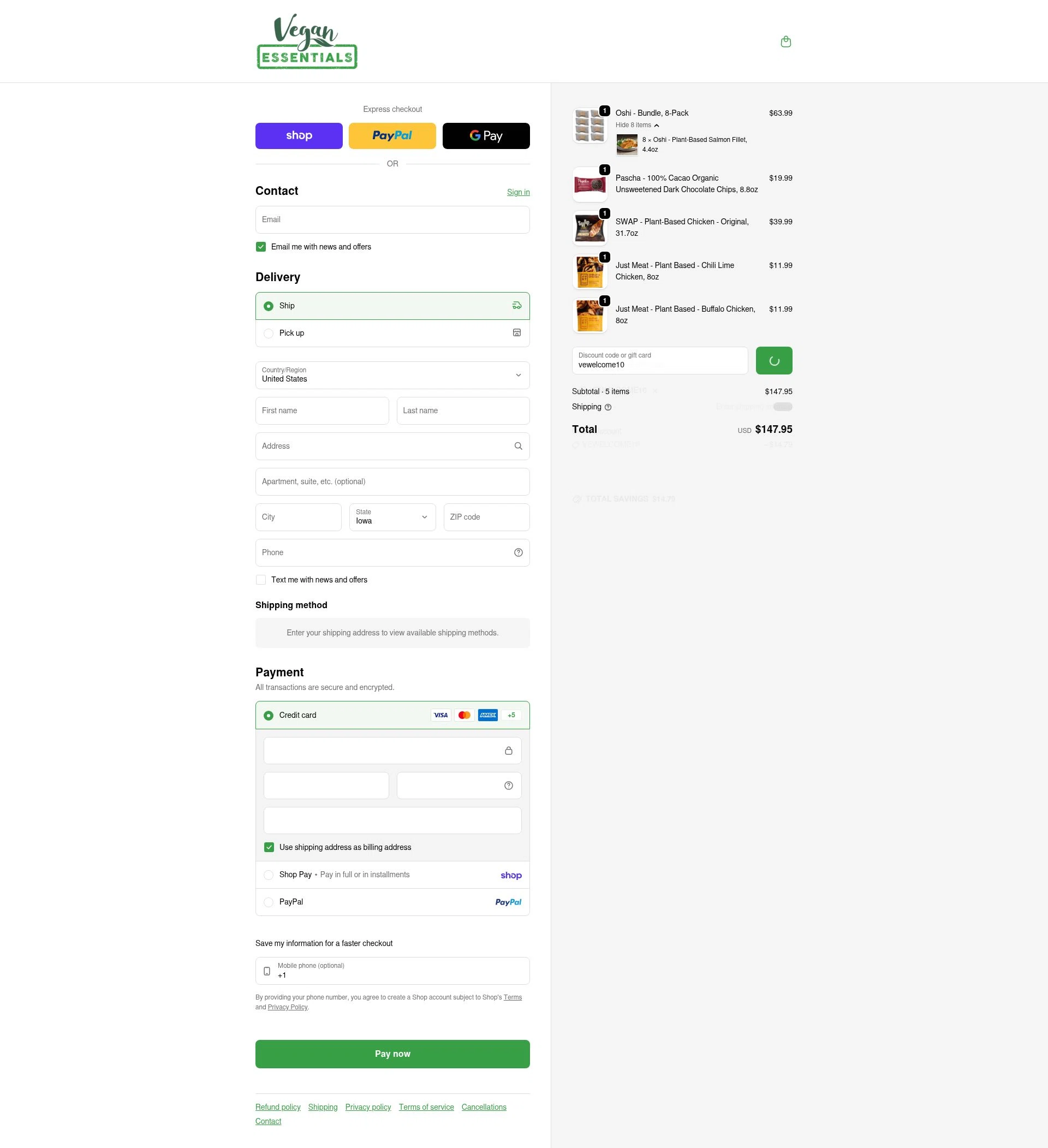 Vegan Essentials checkout page showing Vegan Essentials promo code box | Screenshot taken by SimplyCodes community member on Feb 5, 2026