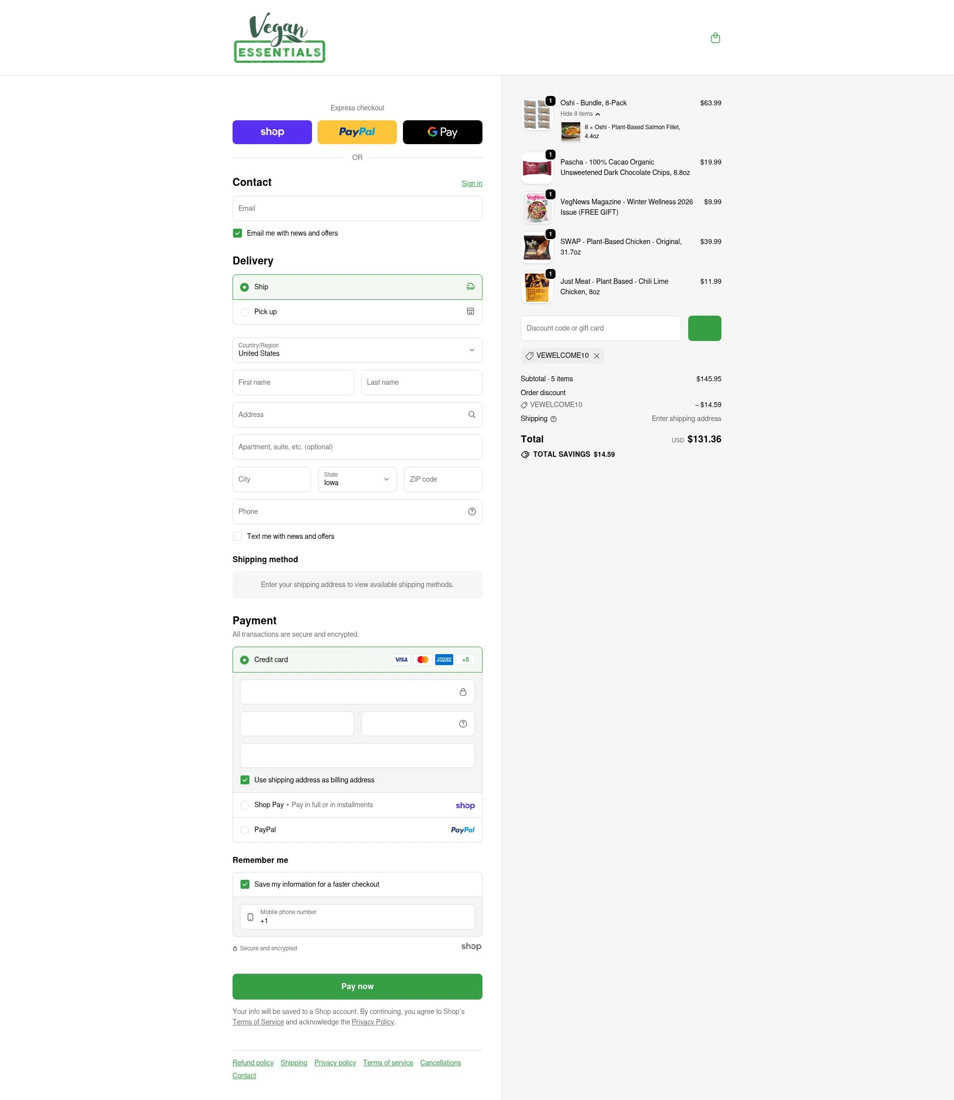 Vegan Essentials checkout page showing Vegan Essentials promo code box | Screenshot taken by SimplyCodes community member on Jan 27, 2026