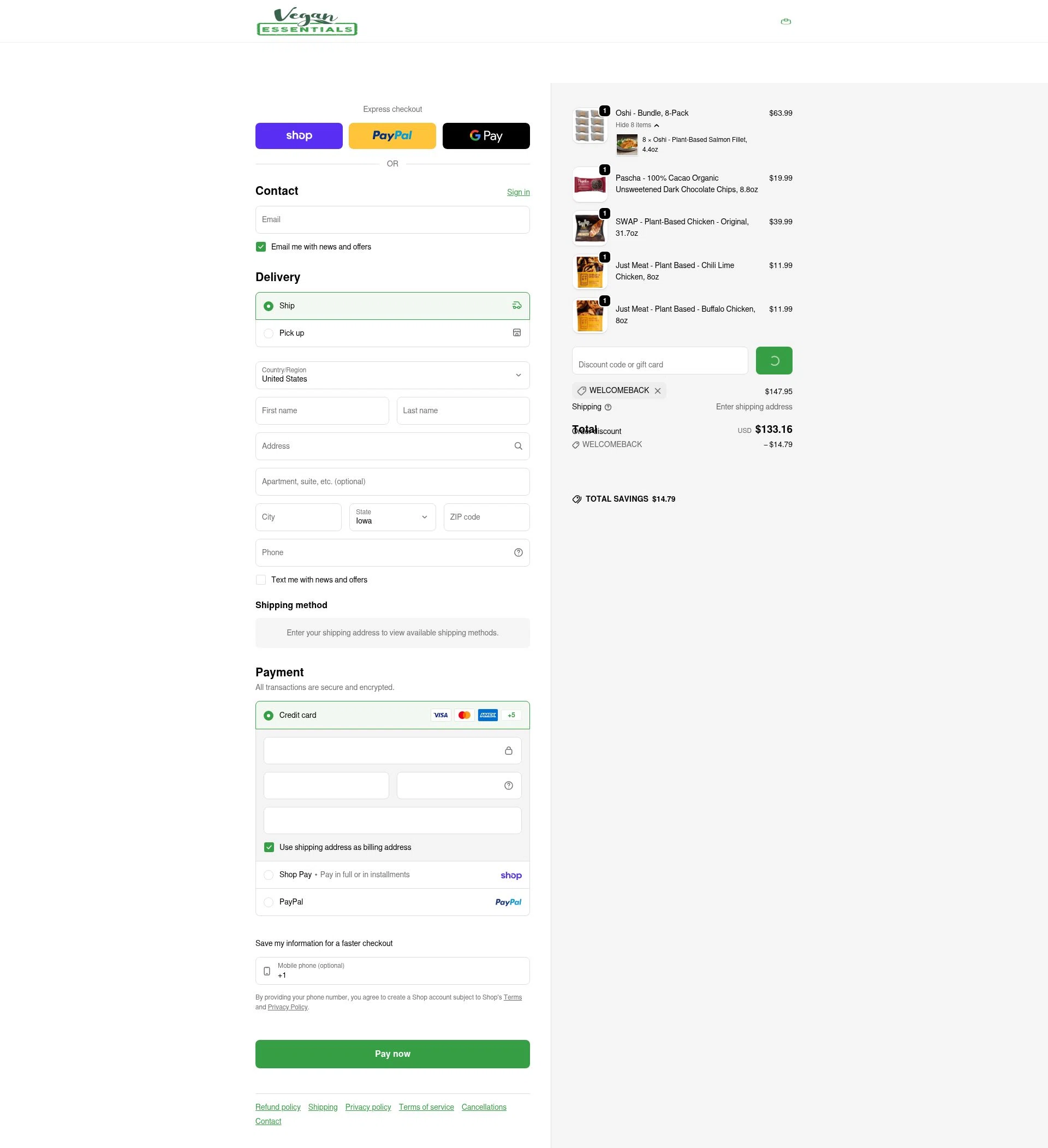 Vegan Essentials checkout page showing Vegan Essentials promo code box | Screenshot taken by SimplyCodes community member on Feb 5, 2026