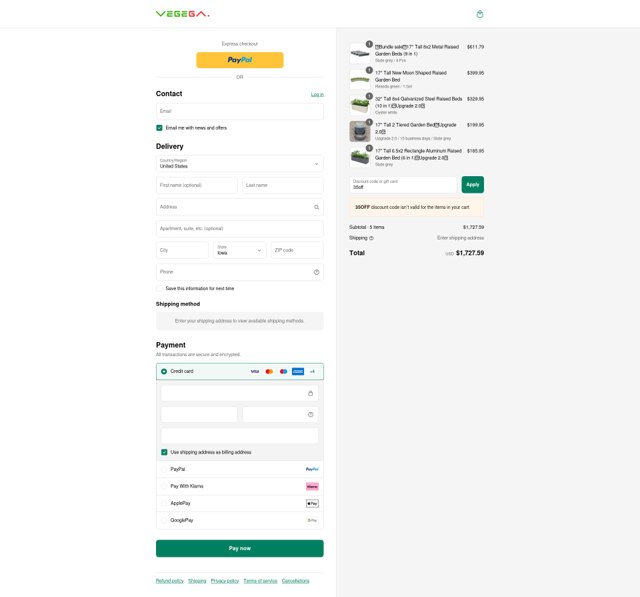 VEGEGA checkout page showing VEGEGA coupon code box | Screenshot taken by SimplyCodes community member on Sep 7, 2025
